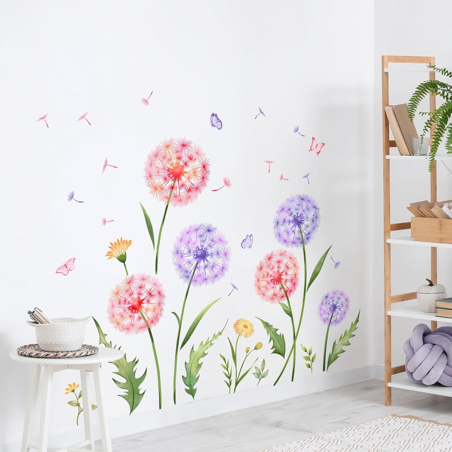 Dandelion Flower Butterfly Wall Decals Pink Purple Dandelion Plants Wall Stickers Peel and Stick Vinyl Wall Art Decor for Living Room Bedroom Office TV Sofa Backdrop Home Decor Gifts for Mom
