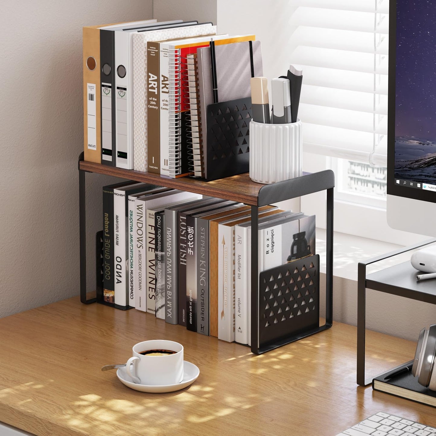 Mitus Shelf Organizer and Storage, Tiered Wood Cabinet Rack for The Kitchen Counter, Bathroom Counter, Pantry Cupboard, Office Desk Bookshelf, 12" Wide Walnut Brown and Black