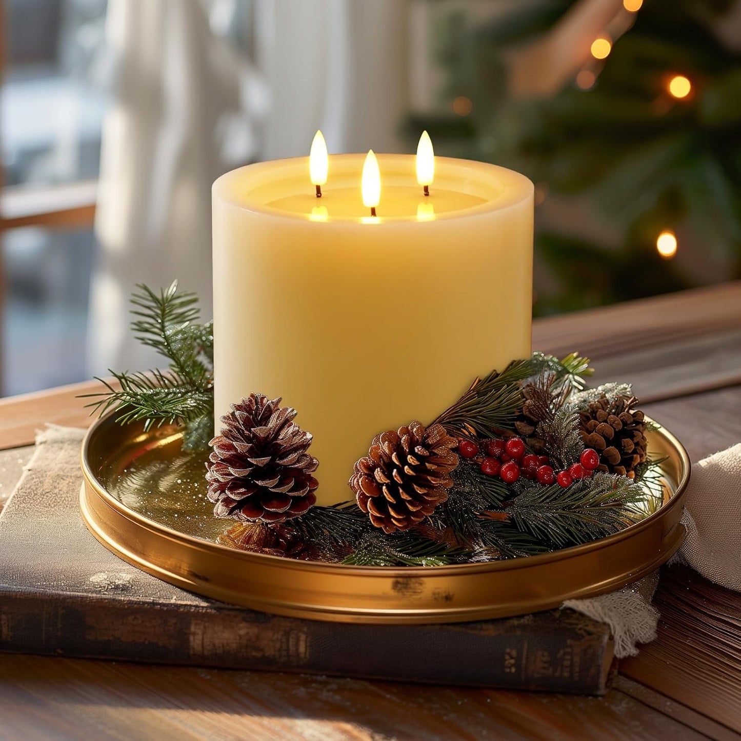 Amagic 3 Wicks Extra Large Flameless Candles, Battery Operated Candles with Remote Control and Timers, 6-inch Diameter LED Pillar Candles, Real Wax, Liquid Effect, Ivory, 6"x6"