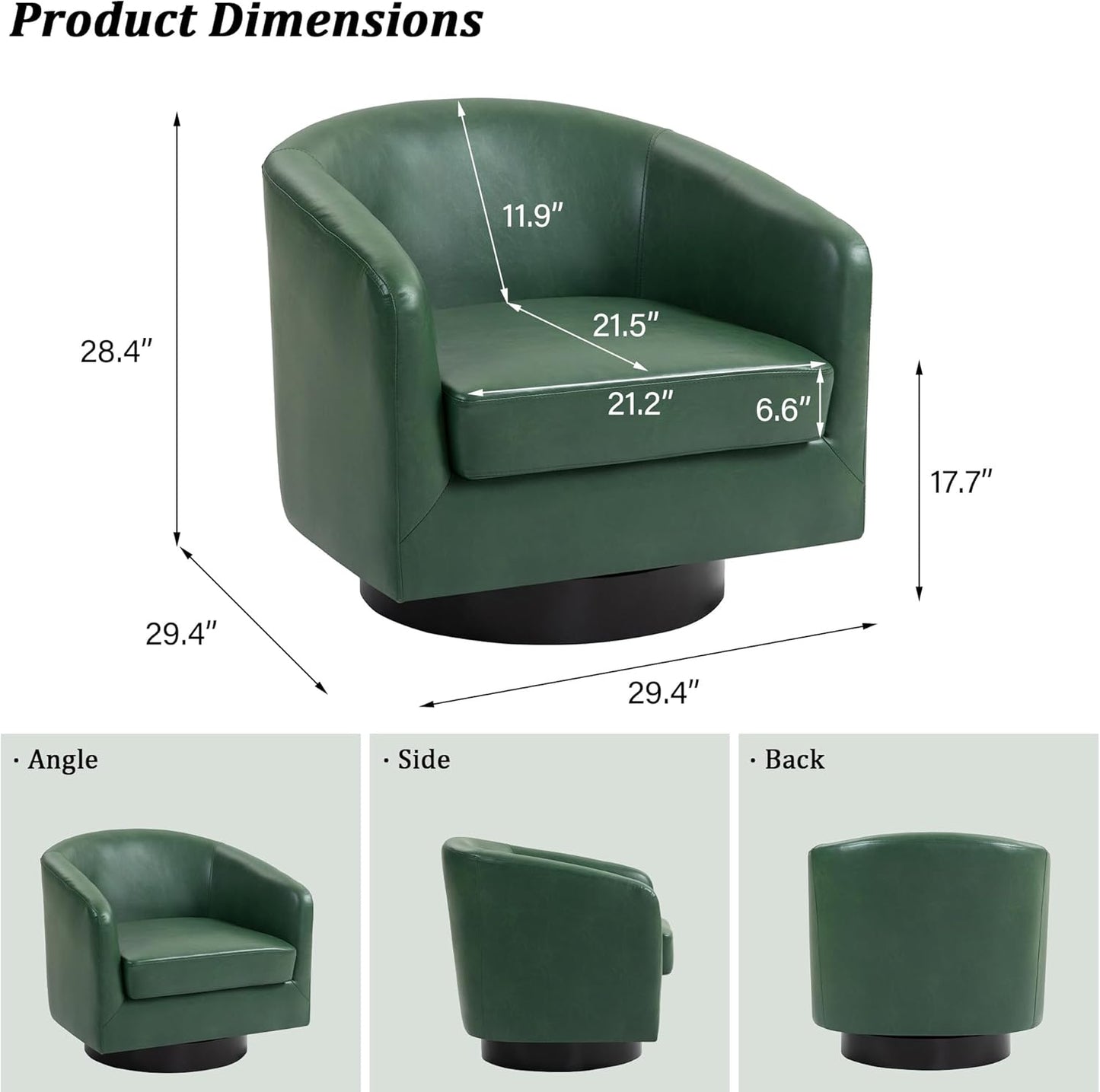 Swivel Barrel Accent Chair, Modern Round Faux Leather Arm Chair for Living Room, Bedroom, Comfy Club Reading Chairs for Adults(Faux Leather, Green, Set of 2)