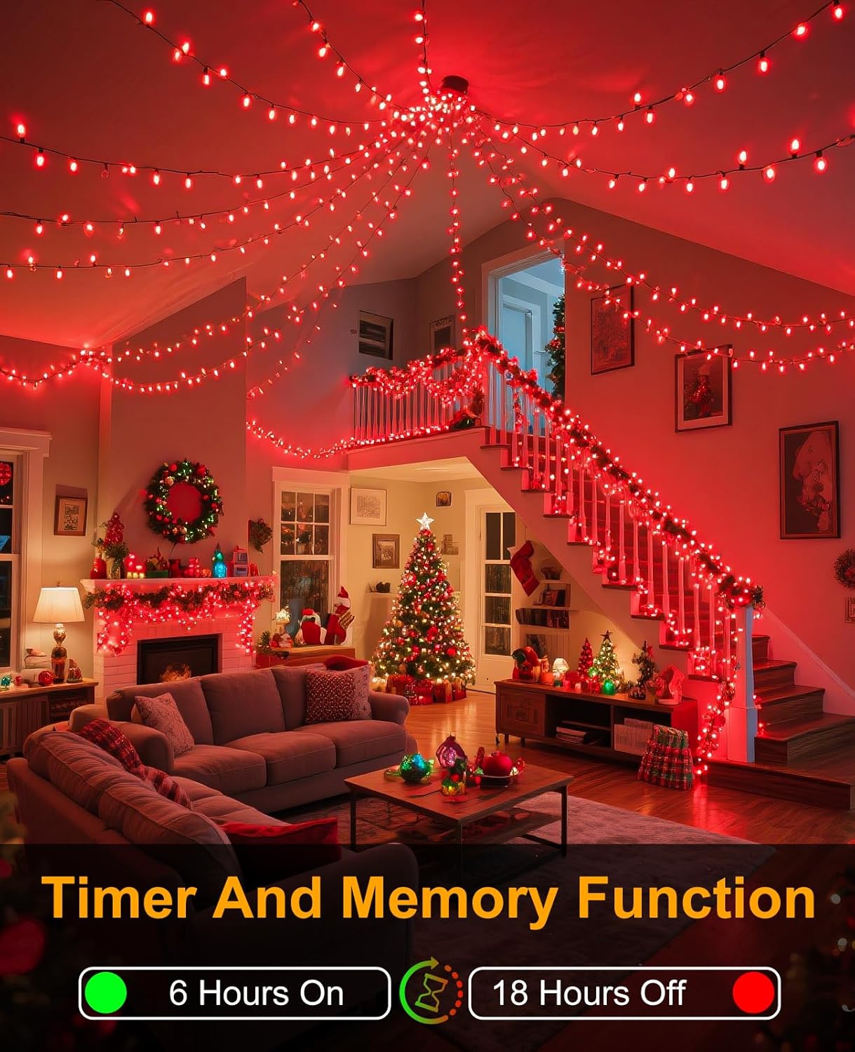 80FT 240 LED Christmas Lights, Connectable Christmas Tree Lights for Outdoor/Indoor, Waterproof & 8 Modes & Timer, Green Wire String Light for Home Garden Xmas Party Holiday Decorations, Red