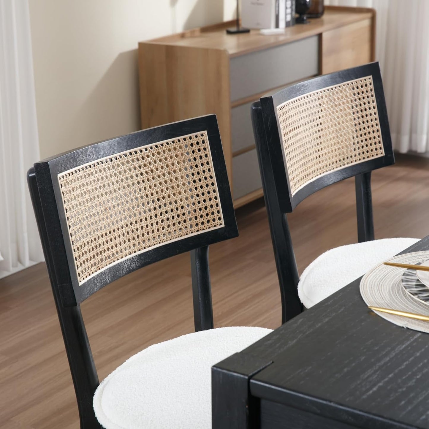 Rattan Dining Chairs Set Of 4 , Mid Century Modern Black Wooden Cane Back Chairs with Removable Sherpa Cushion , Retro Farmhouse Upholstered Kitchen & Dining Room Chairs for Restaurant Living Room