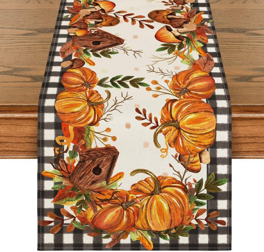 Artoid Mode Buffalo Plaid Pumpkins Mushrooms Birdhouse Leaves Table Runner, Seasonal Fall Harvest Vintage Kitchen Dining Table Decoration for Indoor Outdoor Home Party Decor 13 x 48 Inch