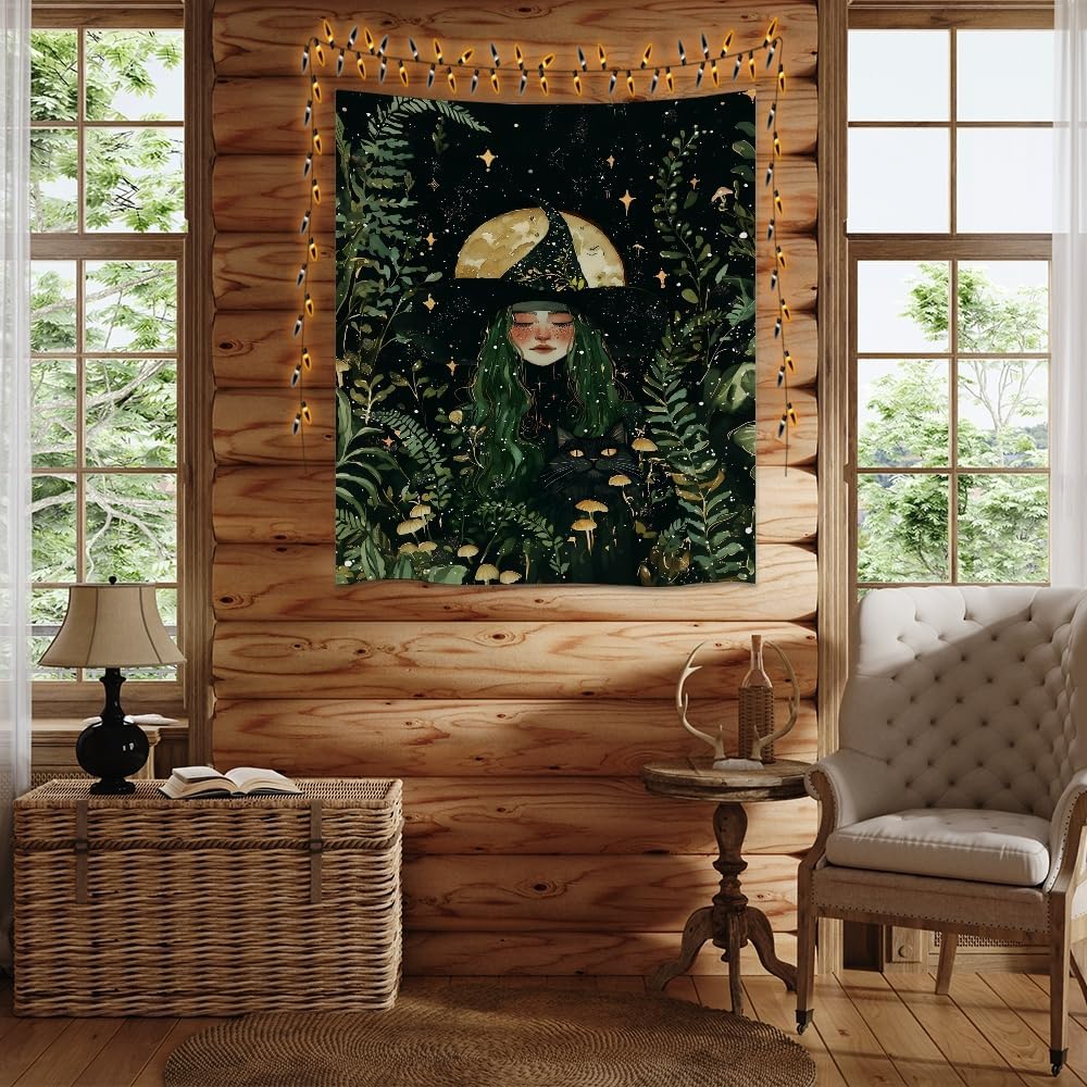 Moon Witch Tapestry Wall Hanging Mystical Botanical Green Print Dark Forest Witchy Decor Gothic Magical Black Cat and Moon Tapestries for Bedroom Living Room Dorm Decoration Aesthetic 40x60inch