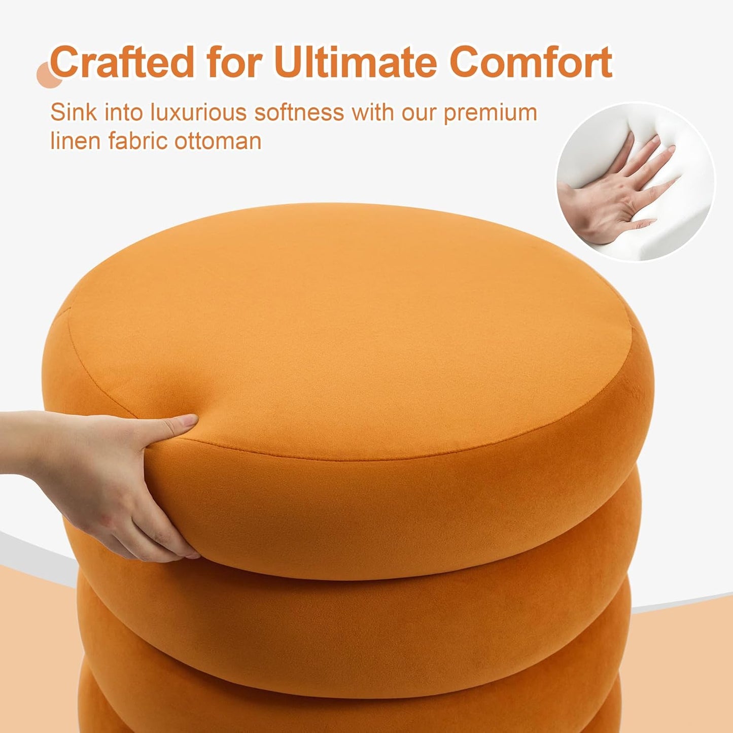 ONEVOG Round Storage Ottoman, 20" Small Ottomans Table with Removable Lid, Velvet Fabric Soft Footrest Stools for Couch, Upholstered Stuffed Circle Seat for Living Room/Bedroom/Dorm/Vanity, Orange