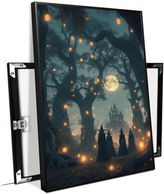 JFHCQJPK Mysterious creek painting witch and castle in magic forest art print canvas gothic print dark college decoration poster for home bedroom12x16in Metal blackFramed