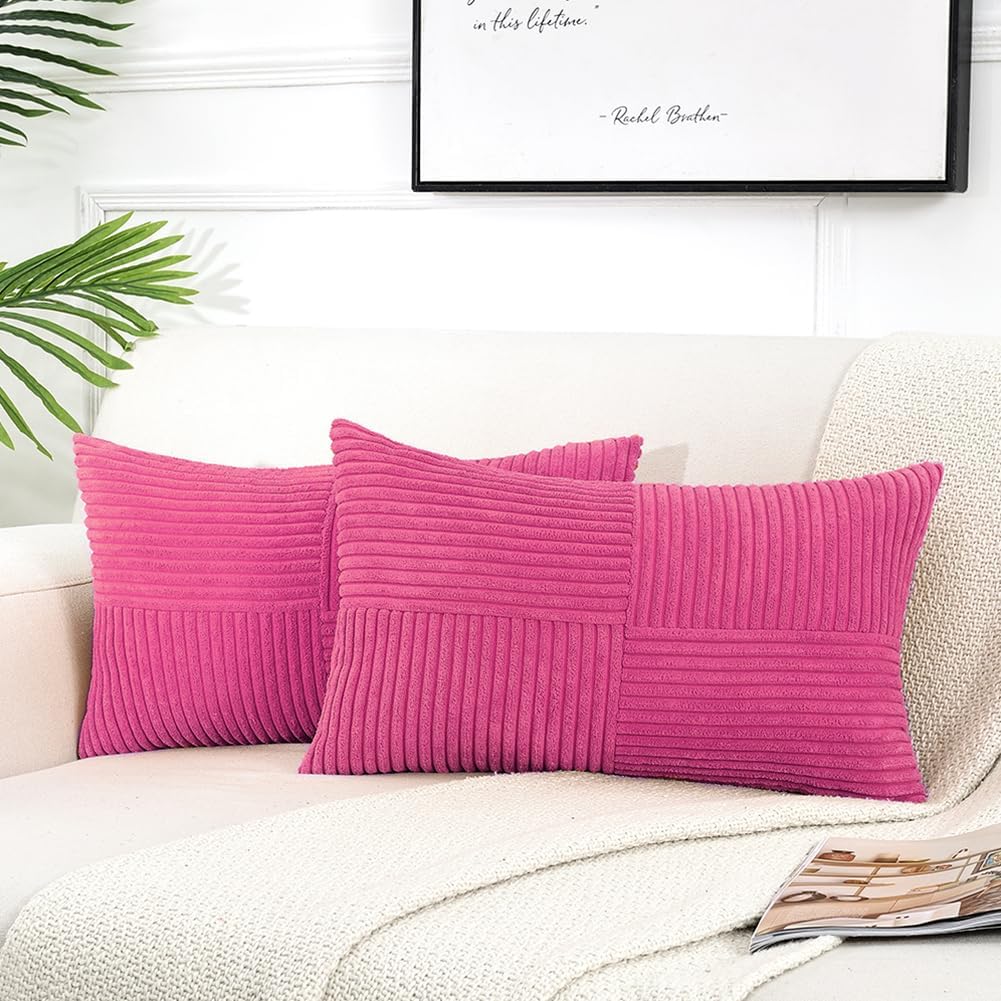 Fancy Homi 2 Packs Hot Pink Lumbar Decorative Throw Pillow Covers 12x20 Inch for Living Room Couch Bed Sofa, Rustic Farmhouse Boho Home Decor, Soft Striped Corduroy Rectangle Accent Cushion Case