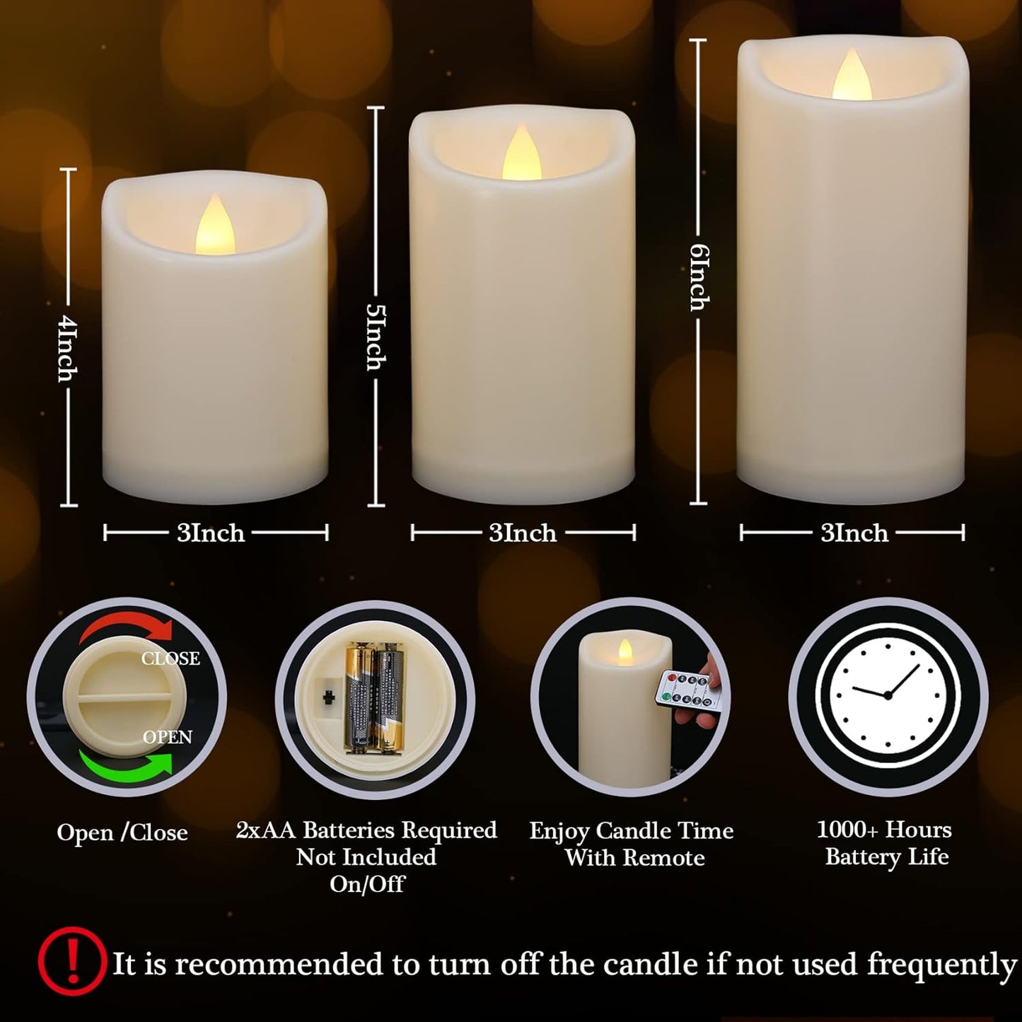 Flameless Flickering Candles with Remote and Timers, 1000 Hours Waterproof Outdoor Indoor Battery Operated LED Pillar Candles, Ivory Plastic, Set of 3(D 3" x H 4" 5" 6")