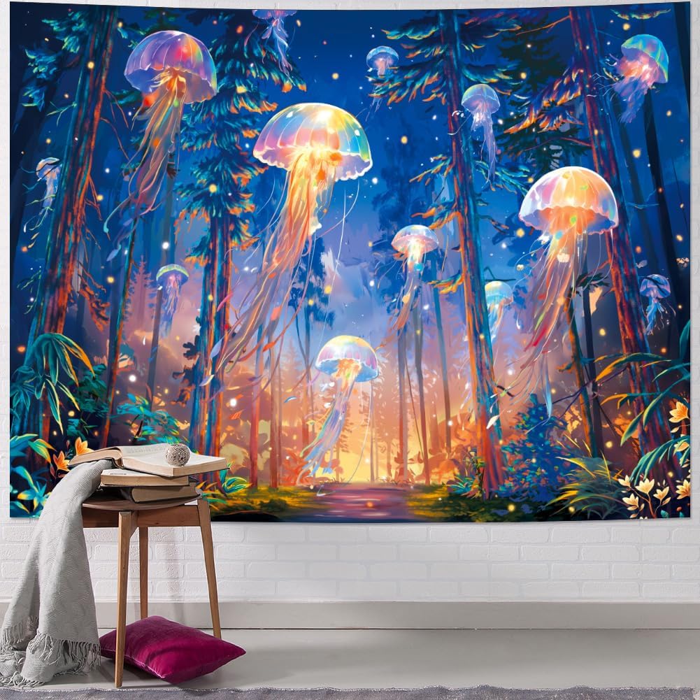 Racunbula Blacklight Forest Jellyfish Tapestry UV Reactive Nature Tree Tapestry Trippy Fantasy Starry Sky Tapestries Aesthetic Jungle Plants Tapestries Wall Hanging for Bedroom