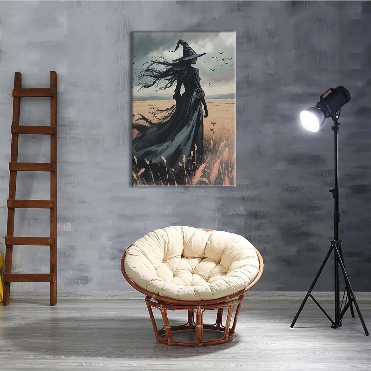 JFHCQJPK Gothic Decor Canvas Wall Art Witch in Rice Field Halloween Art Decor Print Nature Print Victorian Home Bedroom16x24in Frameless