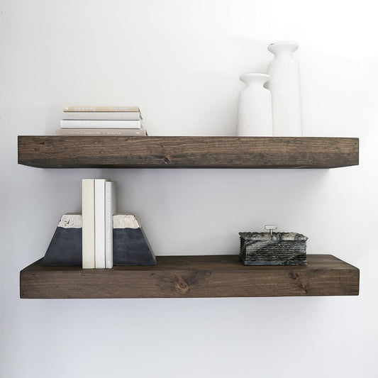 Modern Floating Shelves 3 Inches Thick for Wall, Wide Shelves for Kitchen, Living Room, Bedroom, and Bathroom, Natural Pine Wood, Rustic Wooden Shelf, (Set of 2) (Jacobean, 36Lx3Hx8D)