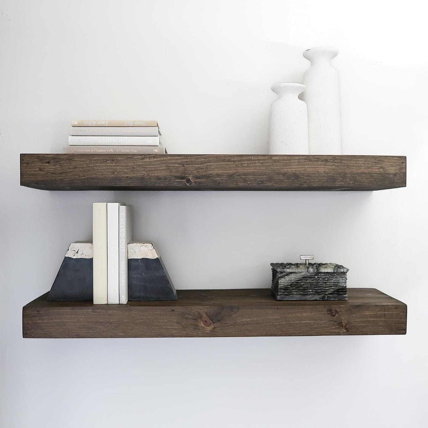 Modern Floating Shelves 3 Inches Thick for Wall, Wide Shelves for Kitchen, Living Room, Bedroom, and Bathroom, Natural Pine Wood, Rustic Wooden Shelf, (Set of 2) (Jacobean, 24Lx3Hx8D)
