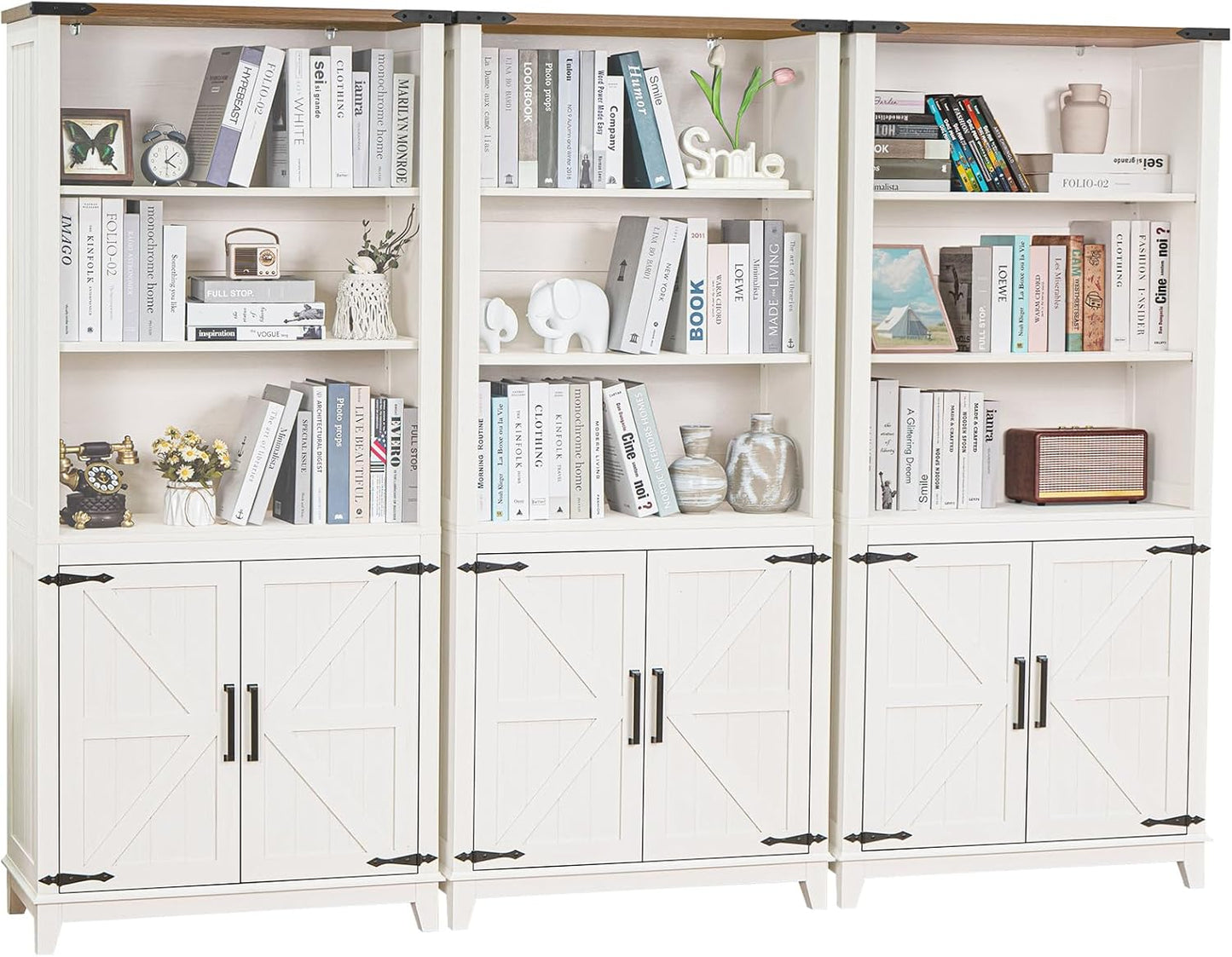 70in Tall Bookshelf 5 Tier Bookcase with Barn Doors and Storage Cabinet, White Farmhouse Book Shelf with Adjustable Shelves, Wood Freestanding Display Bookshelves for Bedroom, Kitchen (3PCS)