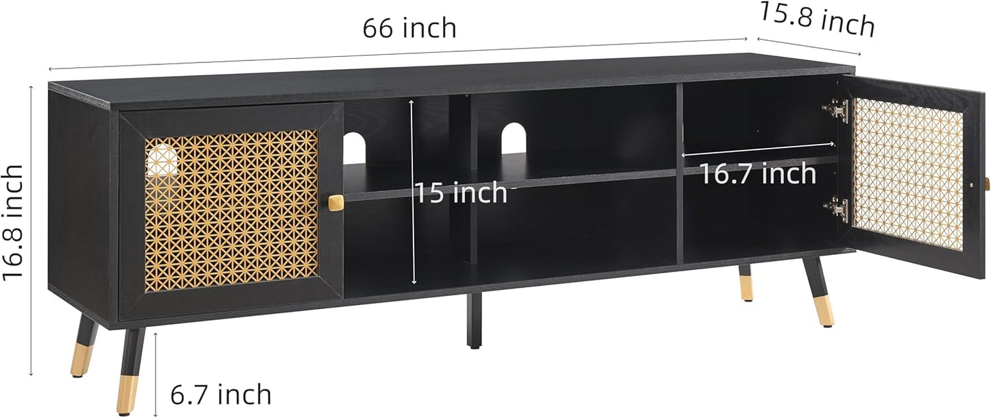 JYED Mid Century Modern TV Stand and Console for TVs Up to 75" - Black Entertainment Center, 2 Gold Metal Mesh Doors & MDF Wood Grain, 15.8" D x 66" W x 23.5" H