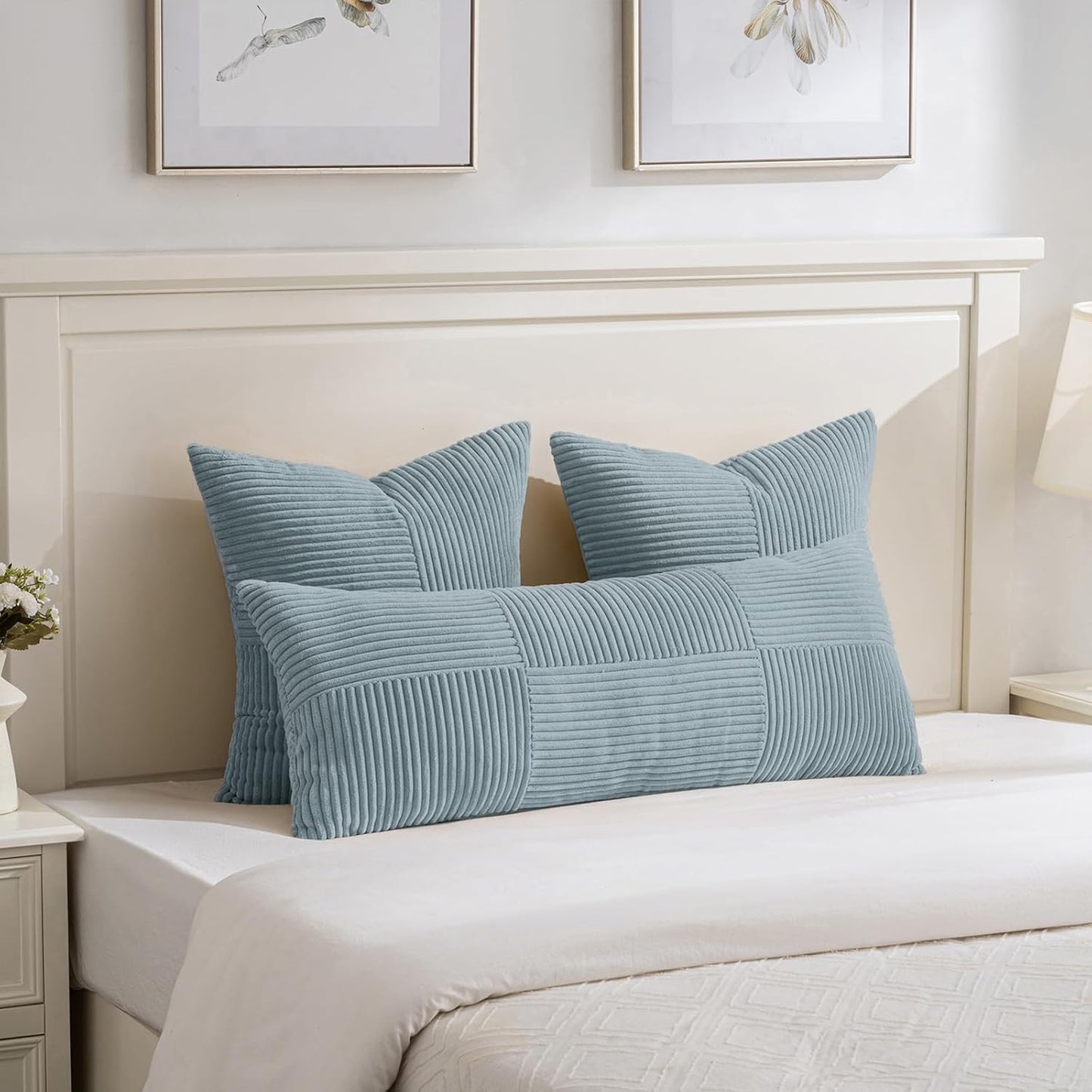 Fancy Homi Set of 2 Light Blue Euro Decorative Throw Pillow Covers 26x26 Inch for Bedroom Couch Bed, Farmhouse Boho Home Decor, Soft Cross Corduroy Patchwork Textured Square Cushion Case 66x66 cm