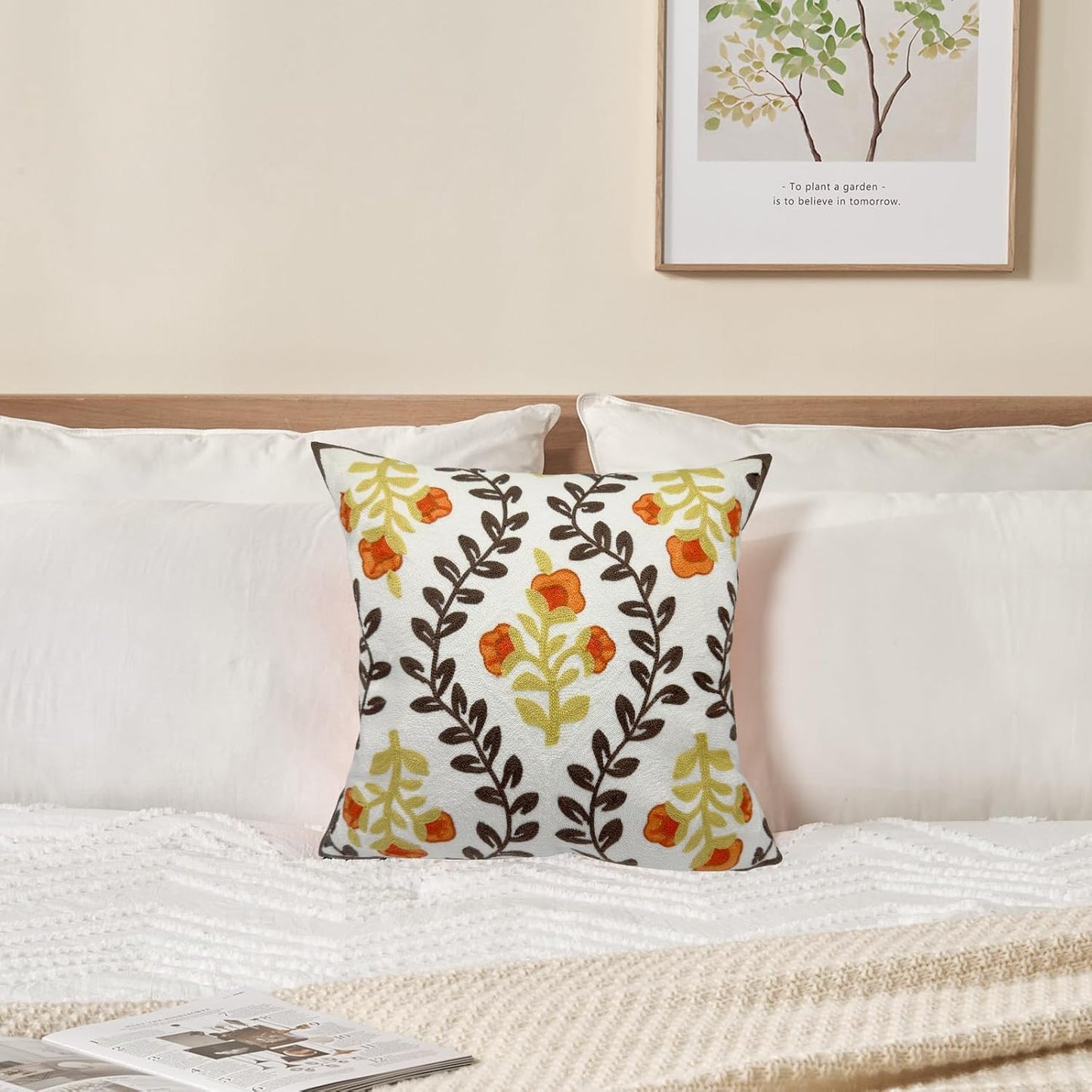 Alysheer Floral Embroidered Fall Decorative Throw Pillow Cover 18"x 18", Farmhouse Cottage Orange Flowers Brown Leaves Knit Pattern Cotton Canvas Cushion Case for Sofa Couch Bed Living Room Decor