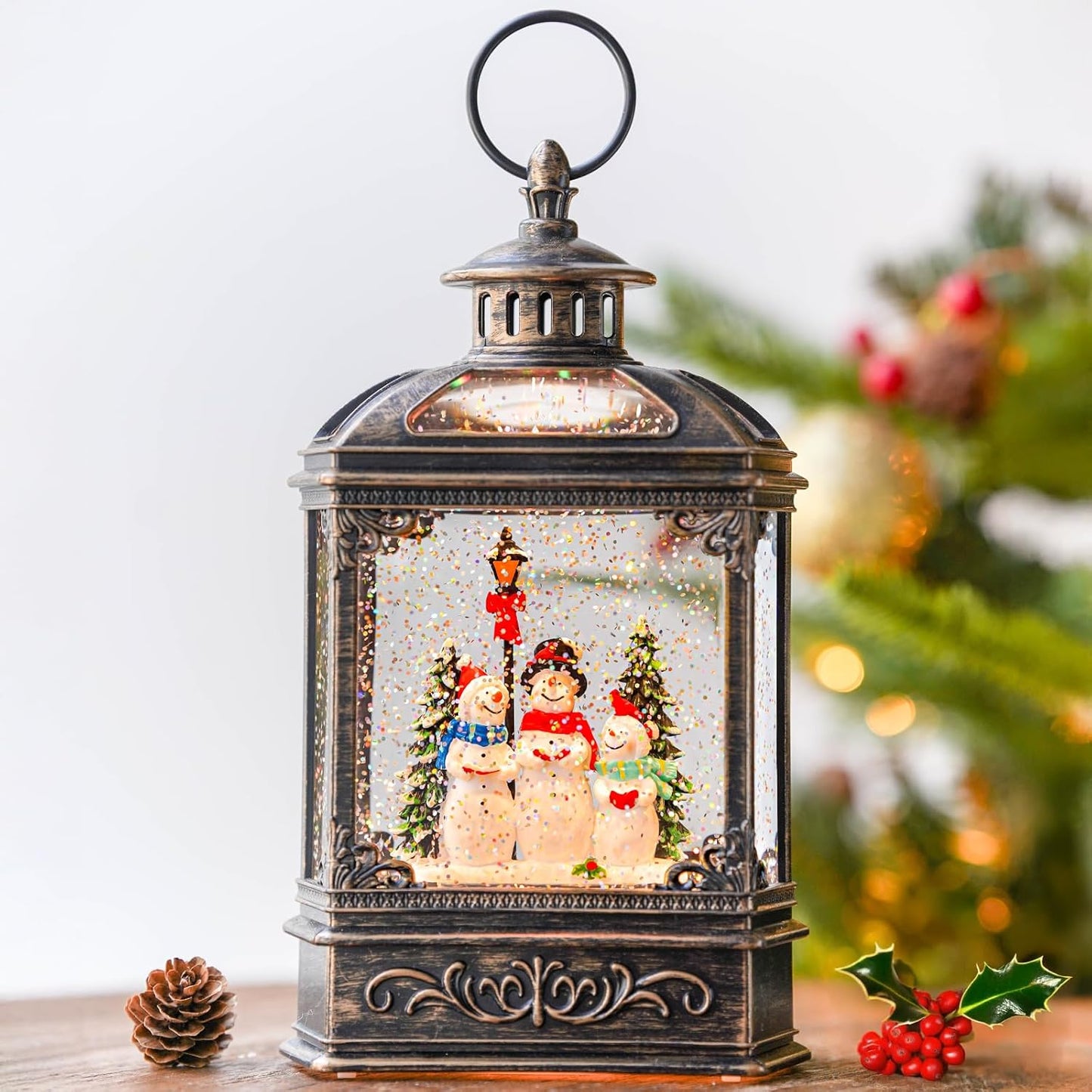 Christmas Snow Globe Swirling Glittering Snowman Choir with Music & Timer, USB Lined/Battery Operated Lighted Water Lantern for Christmas Festival Decoration Gifts