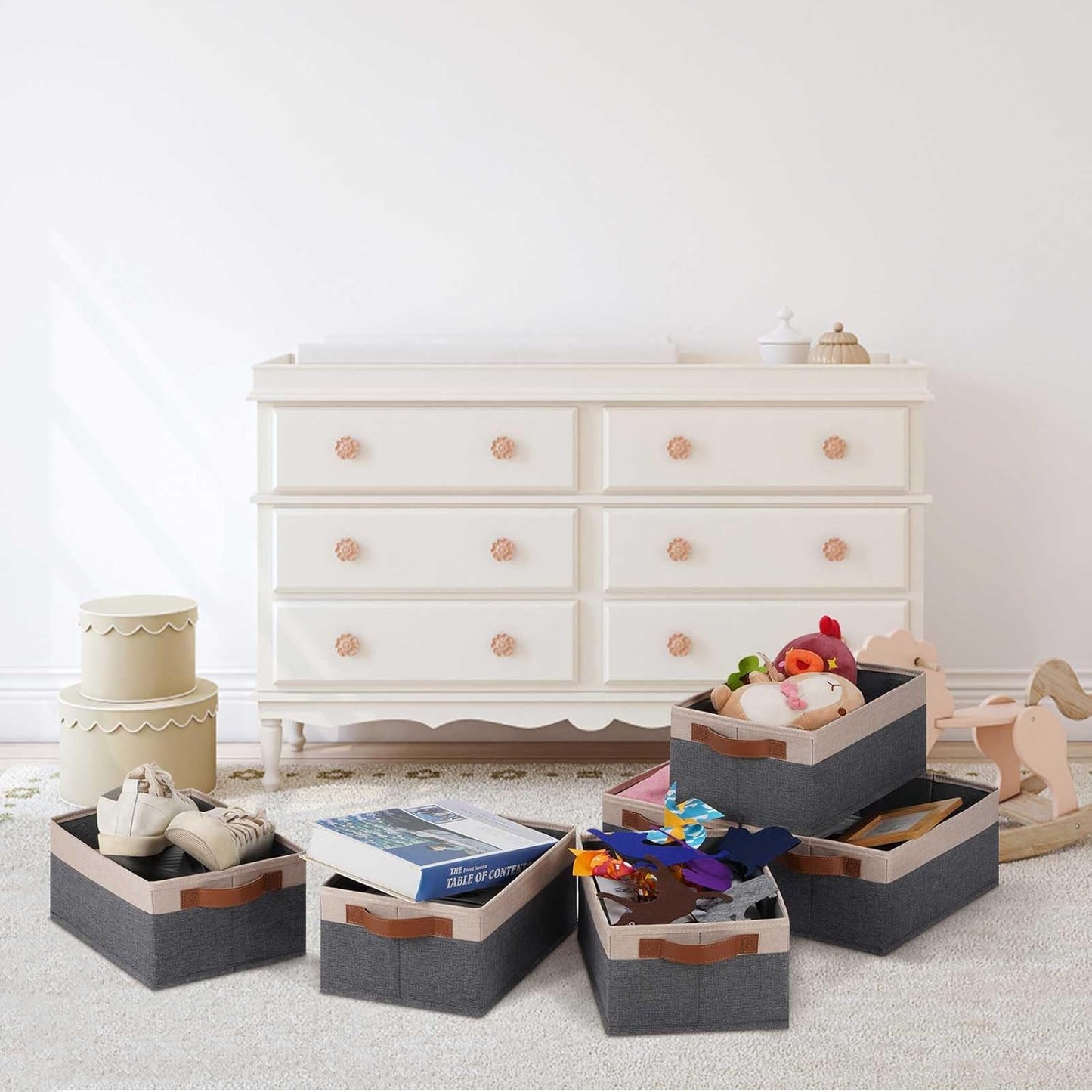 GhvyenntteS Small Fabric Storage Bins 6 Pack, 11.8" x 7.87" x 5.11" Storage Basket with Leather Handles, Closet Storage Bins for Shelves, Storage Baskets for Shelves, DVD Storage (Grey/Beige Yellow)