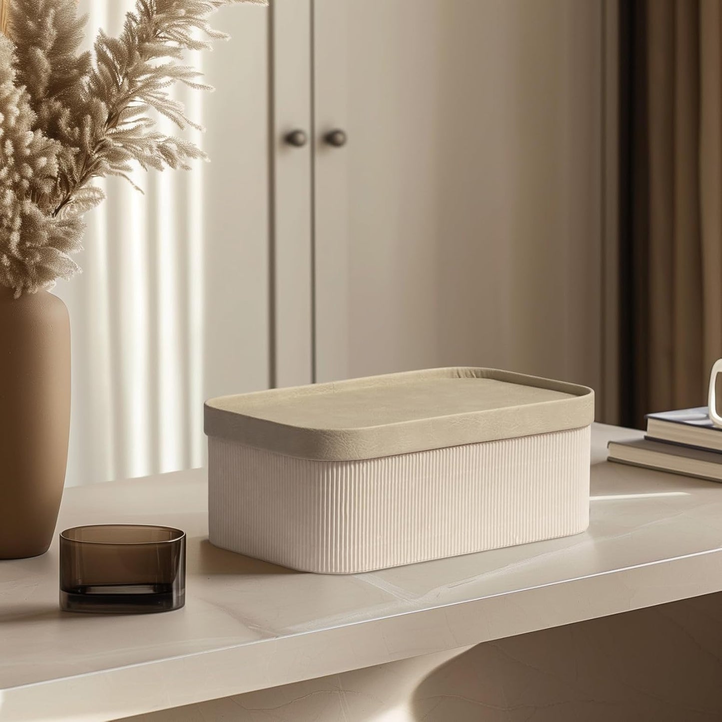 La Jolie Maison Fluted Cardboard Storage Baskets with Leather-Like Lids, Sturdy Stackable Paper Boxes Decorative Tray,Set of 3 Ivory