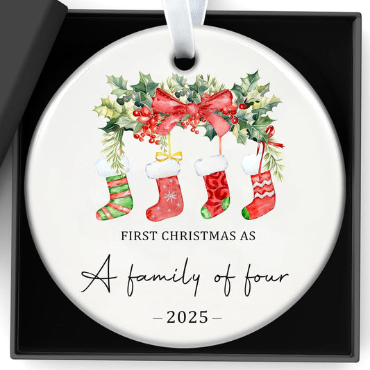 Christmas Ornaments, 3 Inch Ceramic Our First Christmas As a Family of Four 2025 Ornament Personalized New Parents Gifts for Couples Baby First Xmas Hanging Decor for Family of Four