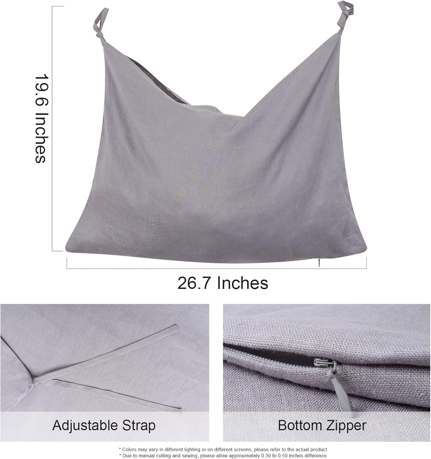 Hanging Linen Laundry Bag, 100% Pure Flax Linen Over The Door Hamper with Bottom Zipper for Laundry Room, Household Dirty Cloth Storage Organizer Bag, Gray