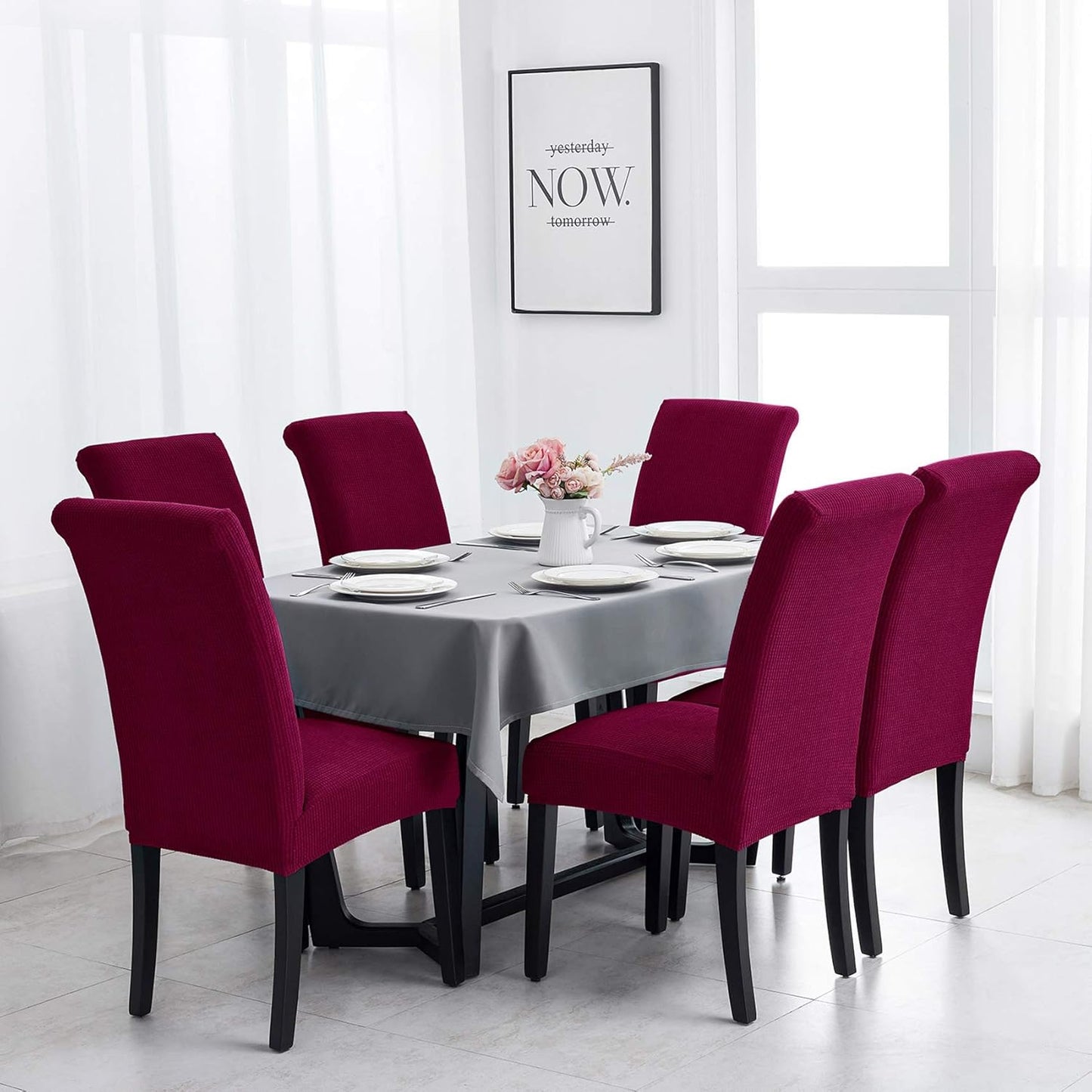 Joccun Chair Covers for Dining Room Set of 6,Dining Chair Slipcovers Stretch Dining Room Chair Covers Seat Protector,Washable Parsons Chair Cover for Home,Banquet(Wine Red,6 Pack)