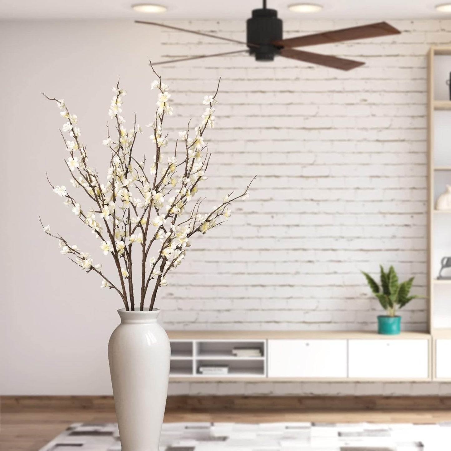 4Pcs Cherry Blossom Branches Artificial Flowers for Spring Summer Indoor Decoration,Faux Long Stem Artificial Flowers for Wedding Home Office Bedroom Party Table Centerpieces Decor(White)