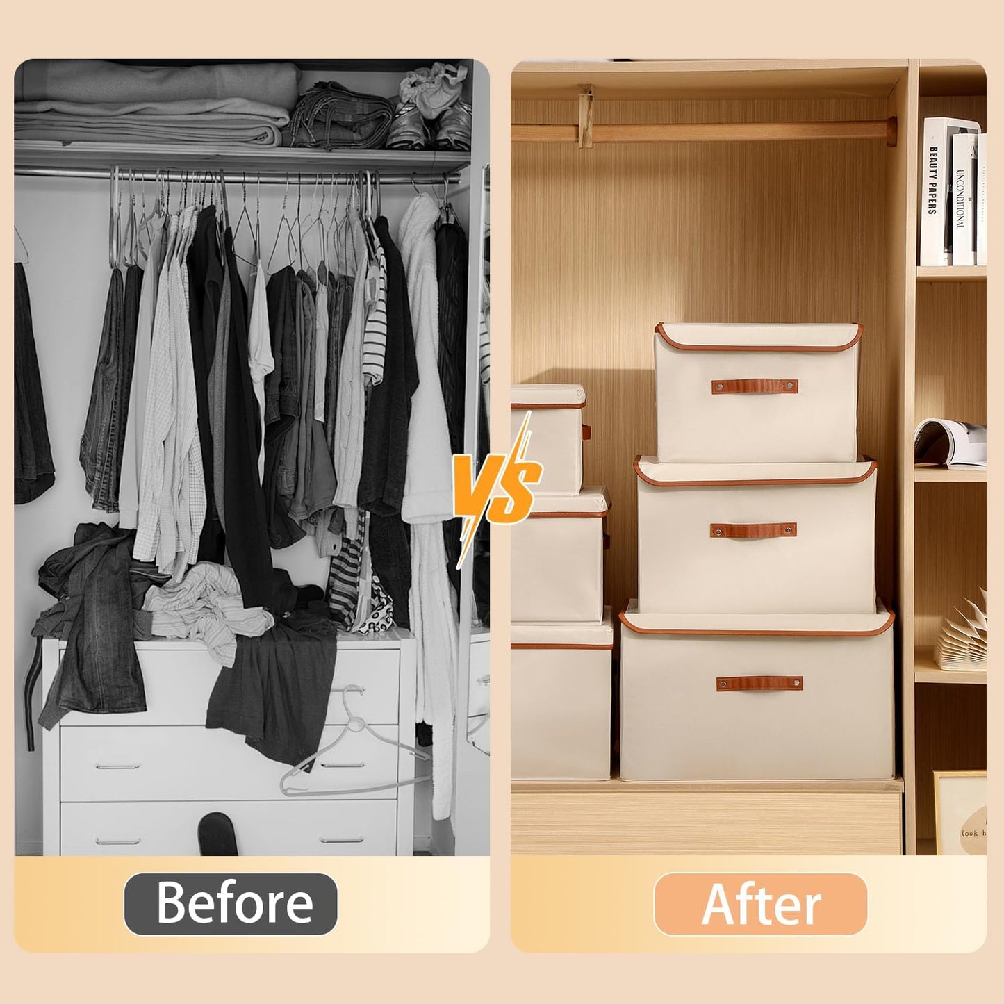 Tuza 2-Pack Large Fabric Storage Bins with Lids, Foldable Storage Boxes with Lids for Organizing, Decorative Storage Boxes with Handles for Home, Bedroom, Closet, Office(Khaki, Medium)