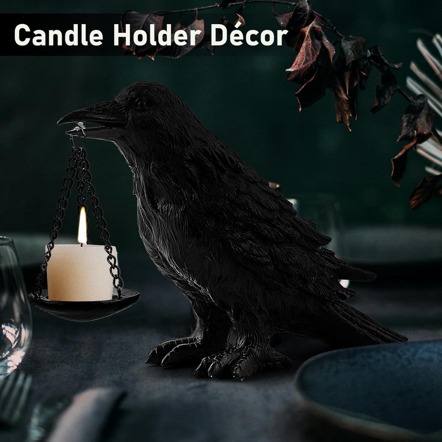 Gothic Home Decor Fake Crow Light Holder Halloween Decorations Indoor Raven Lamp Tealight Candle Holder Resin Statue Black