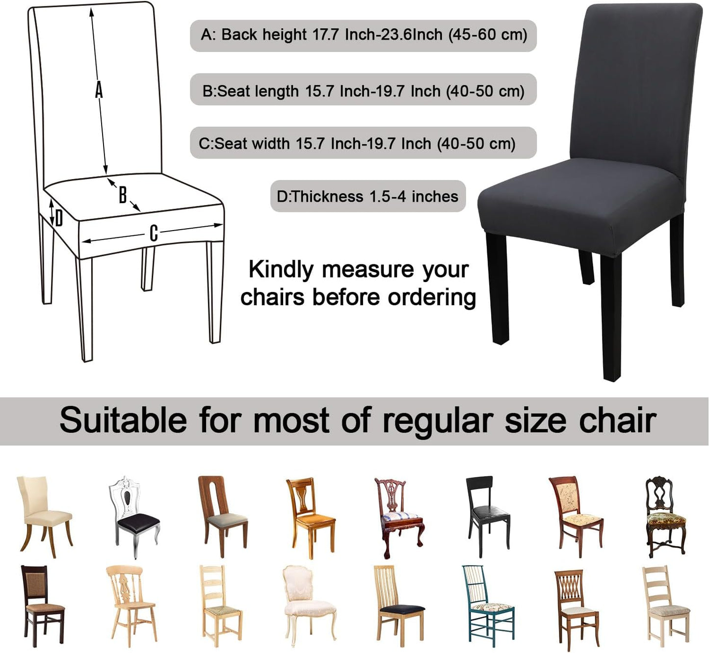 JQinHome Dining Room Chair Covers Set of 8, High Stretch Chair Slipcover Removable Washable Chair Seat Protector Cover for Home Party Hotel Wedding Ceremony (Grey)