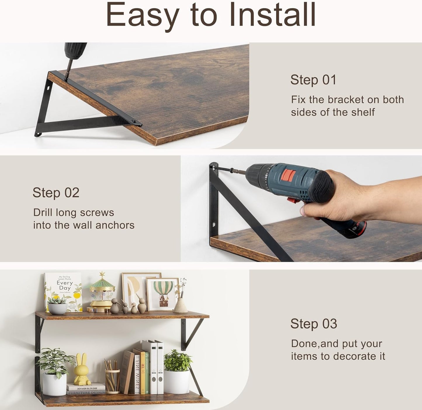 Floating Shelves 48 Inch Long, 10" Deep Floating Shelves, Wall Shelves 48 x 10, Set of 2, Wide Large Display Storage Shelves for Bathroom, Living Room, Rustic Wood Shelves with Brackets, Rustic Brown