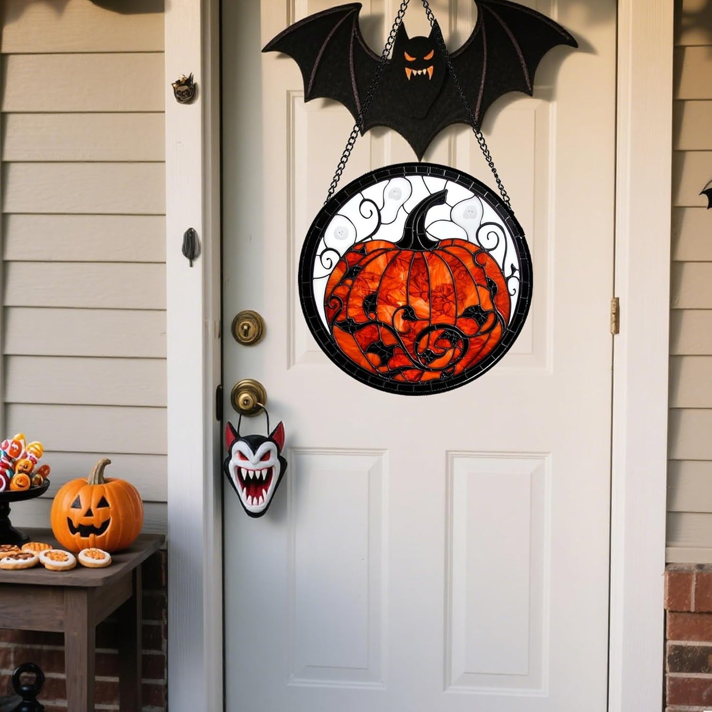 Stained Glass Window Hanging - Halloween Red White Scary Pumpkin Suncatcher for Doors Garden Home Spooky Rattan Sun Catchers Gothic Decor Horror Gifts for Women Men Friend Boy Girl 15 in