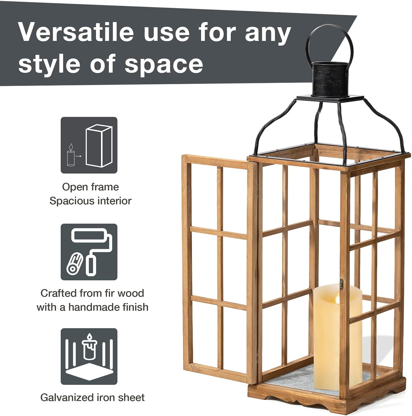 Glitzhome Set of 2 Oversized Farmhouse Wood Lanterns with Metal Top Decorative Hanging Candle Lanterns for Home Décor, Natural (No Glass)