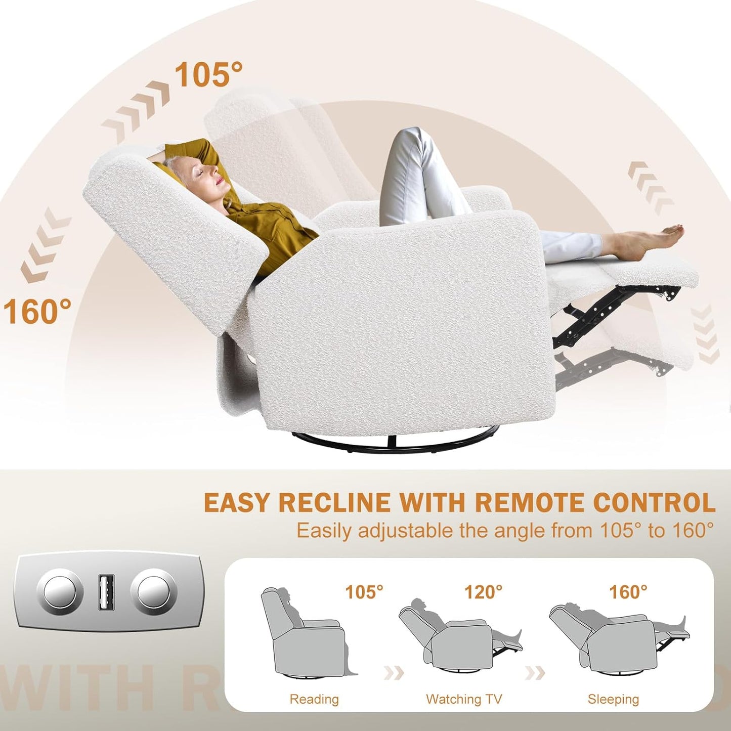 Power Recliner Chair Swivel Glider, Large Rocker Recliner w/USB Charging Port, Boucle Upholstered Swivel Rocker Glider Recliner for Nursery,Bedroom,Living Room,Set of 2,Cream