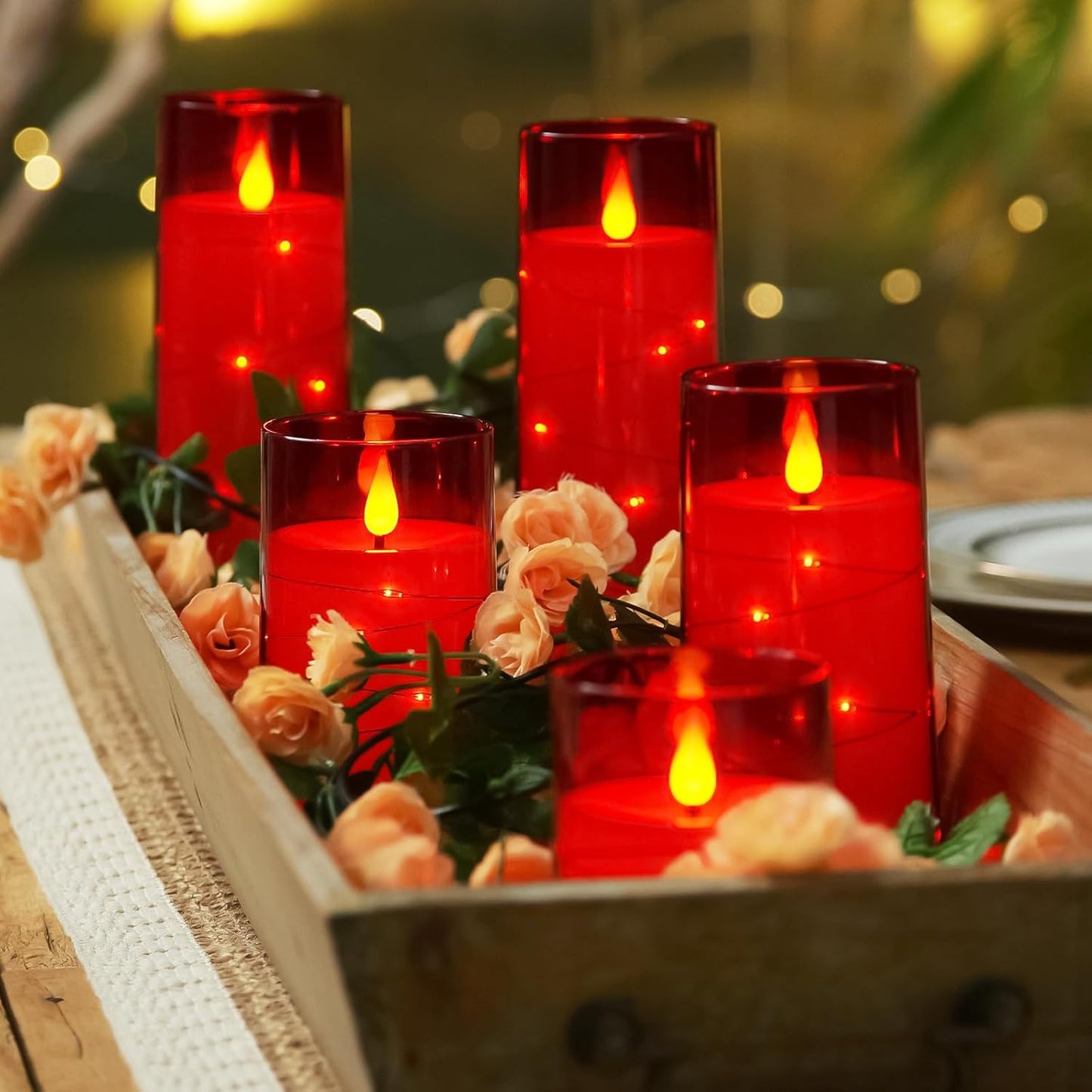 Homemory Acrylic Flameless Candles with Embedded Star String Fairy Lights, Battery Operated Candle, LED Candles, Fake Candles with Remote Control and Timer, Red, Set of 5(H4 5" 6" 8" 8")