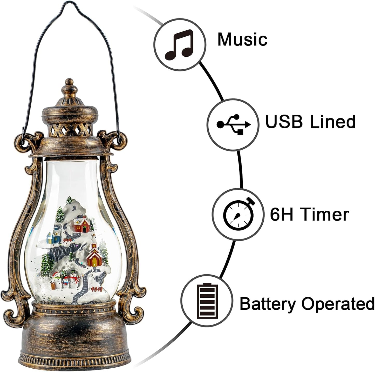 Christmas Village Buildings Tall Snow Globe Lantern Water Glittering Snowman Family with Music & Timer, USB Lined/Battery Operated Lighted Lantern for Christmas Festival Decoration Gifts