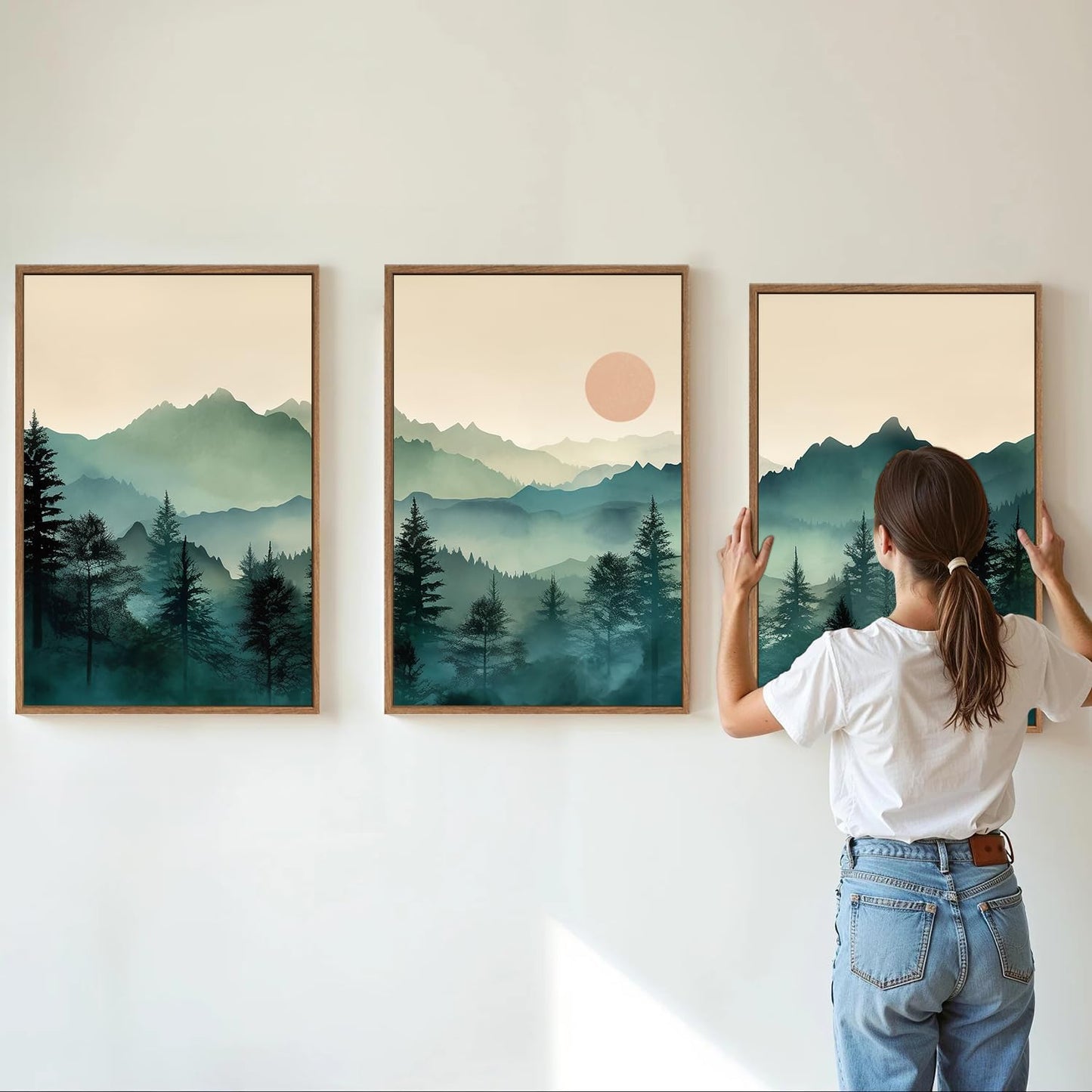 SIGNINART Large Mountain Framed Canvas Wall Art Set, Abstract Misty Forest Wall Decor, Foggy Nature Pine Tree Wall Painting, Modern Boho Sunrise Art Prints for Bedroom Living Room and Office 24"x36"x3