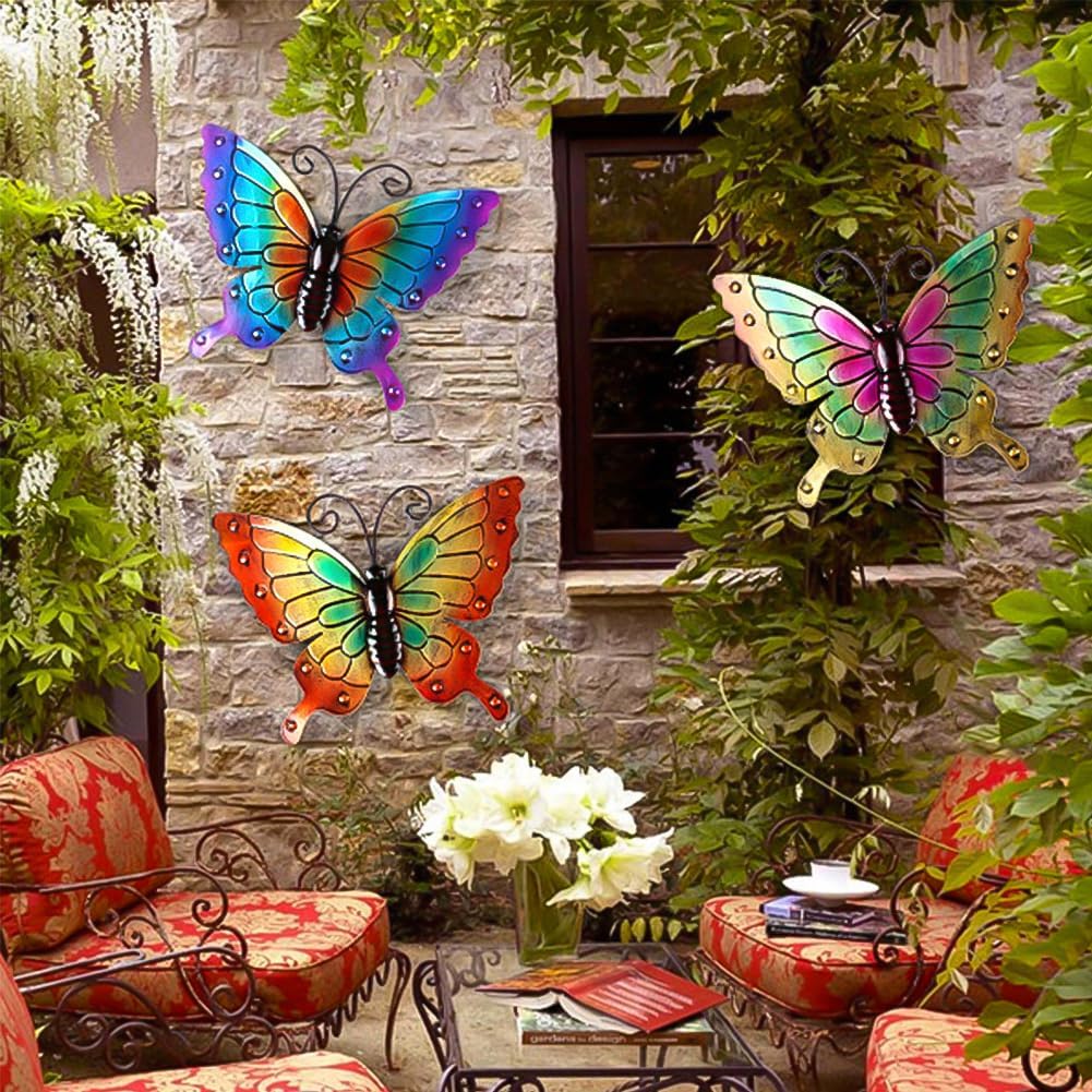 MACLARONX 3Pcs Metal Butterfly Wall Decor,11" Large Outdoor Fence Yard Art Butterflies 3D Garden Hanging Decorations Home Balcony Patio Room Indoor