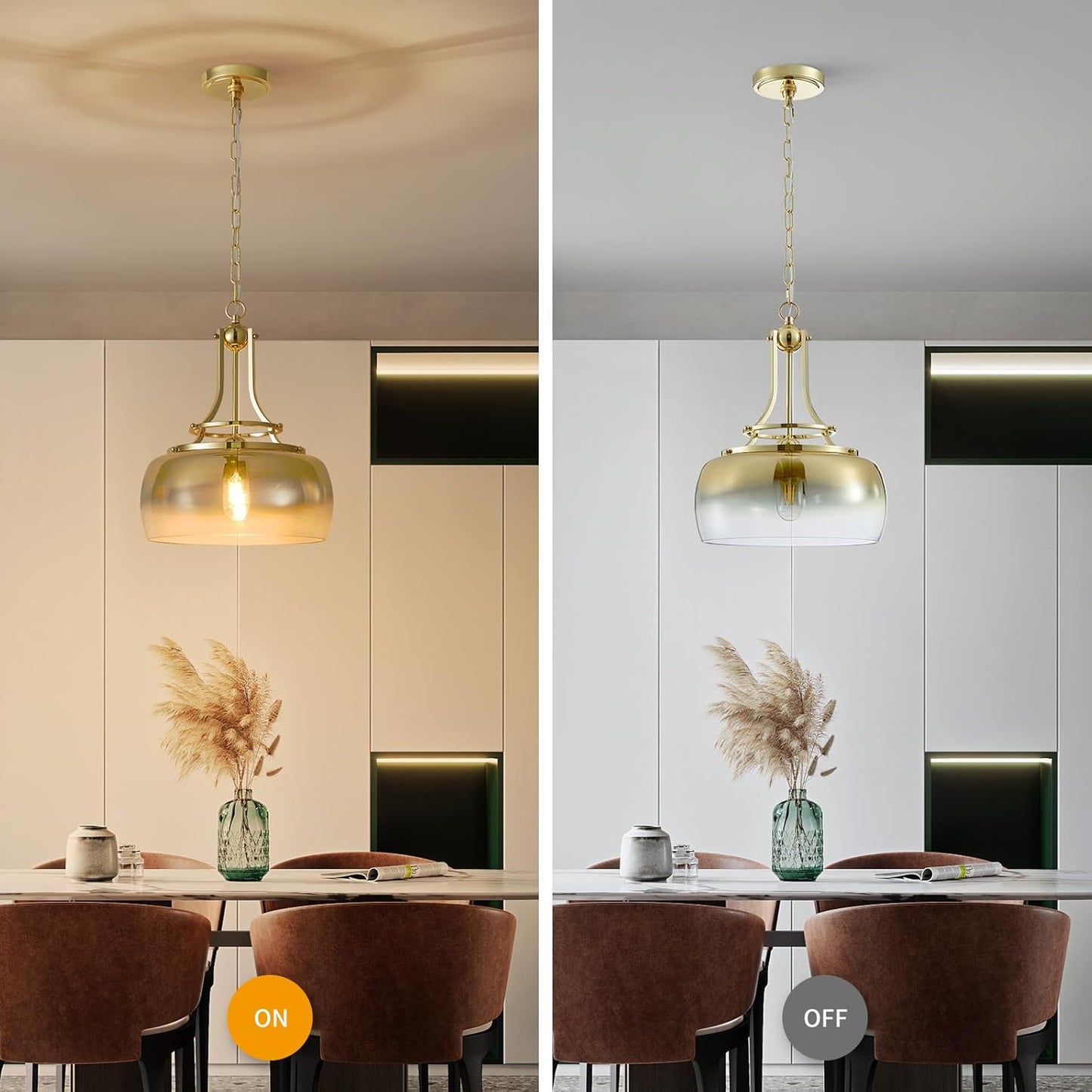 WUZUPS Gold Chandelier Rustic Farmhouse Industrial Round Ceiling Pendant LED Light Fixture with Gradient Glass Shade for Dining Room Kitchen Island Foyer Entryway, H 17" W 13.4", E26 Base