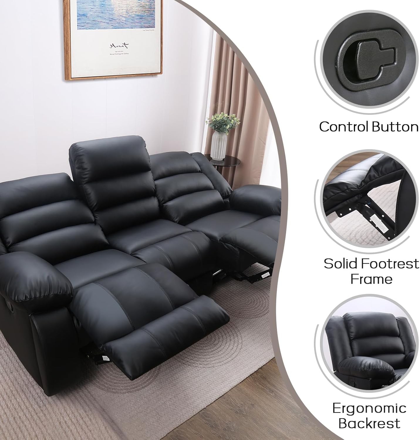 EBELLO Faux Leather Manual Reclining Sofa with 2 Concealed Cup Holders, Overstuffed Armrest 3 Seat Recliner Couch for Living Room, Bedroom, Meeting Room, Black