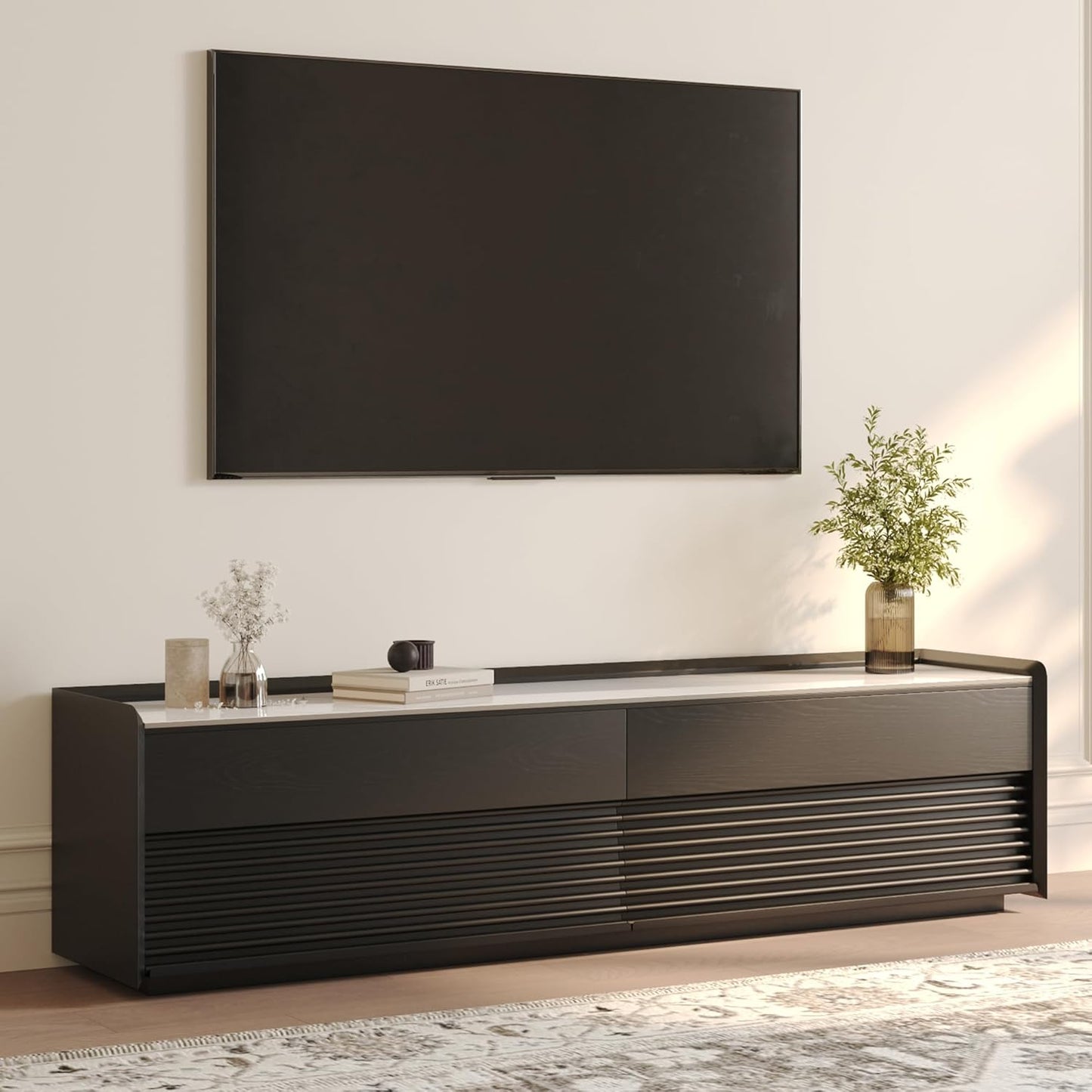 POVISON Fully-Assembled Mid Century Glossy Sintered Stone TV Stand, 70.87" Wood Media Console with Adjustable LED Light, Entertainment Center with Storage for Living Room