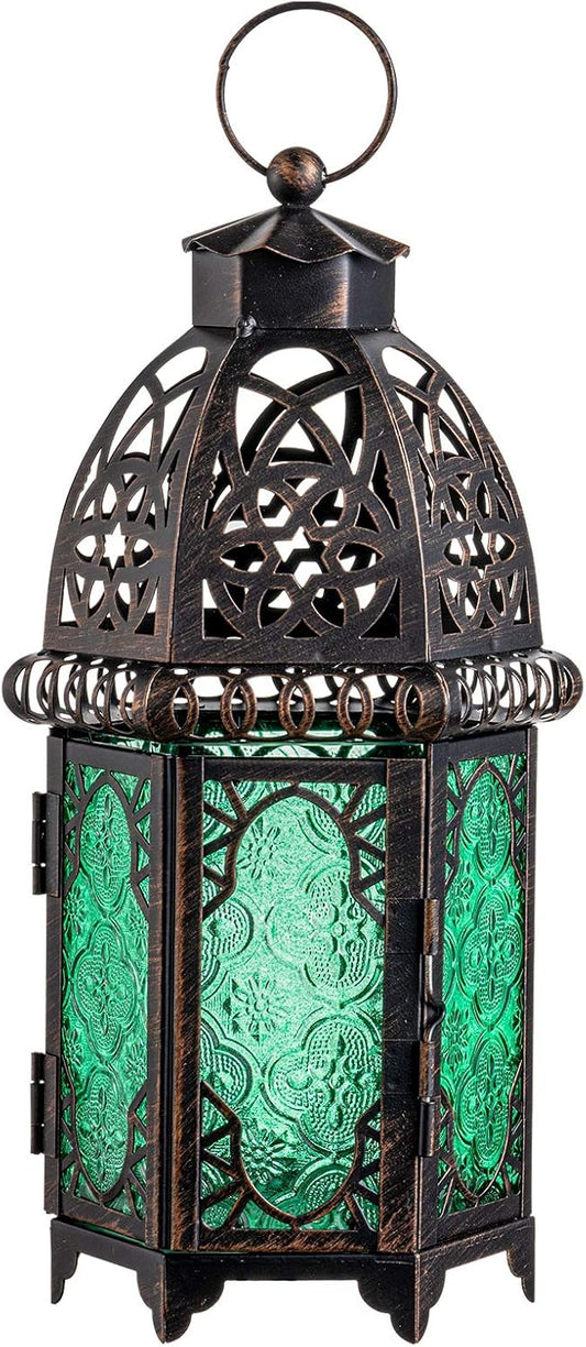 NEEDOMO Hanging Moroccan Lantern, 12.8'' Vintage Candle Holder, Metal Lanterns Decorative Indoor Outdoor, Table, Patio, Porch, Shelf, Gothic Home Decor (Green, Large Size)