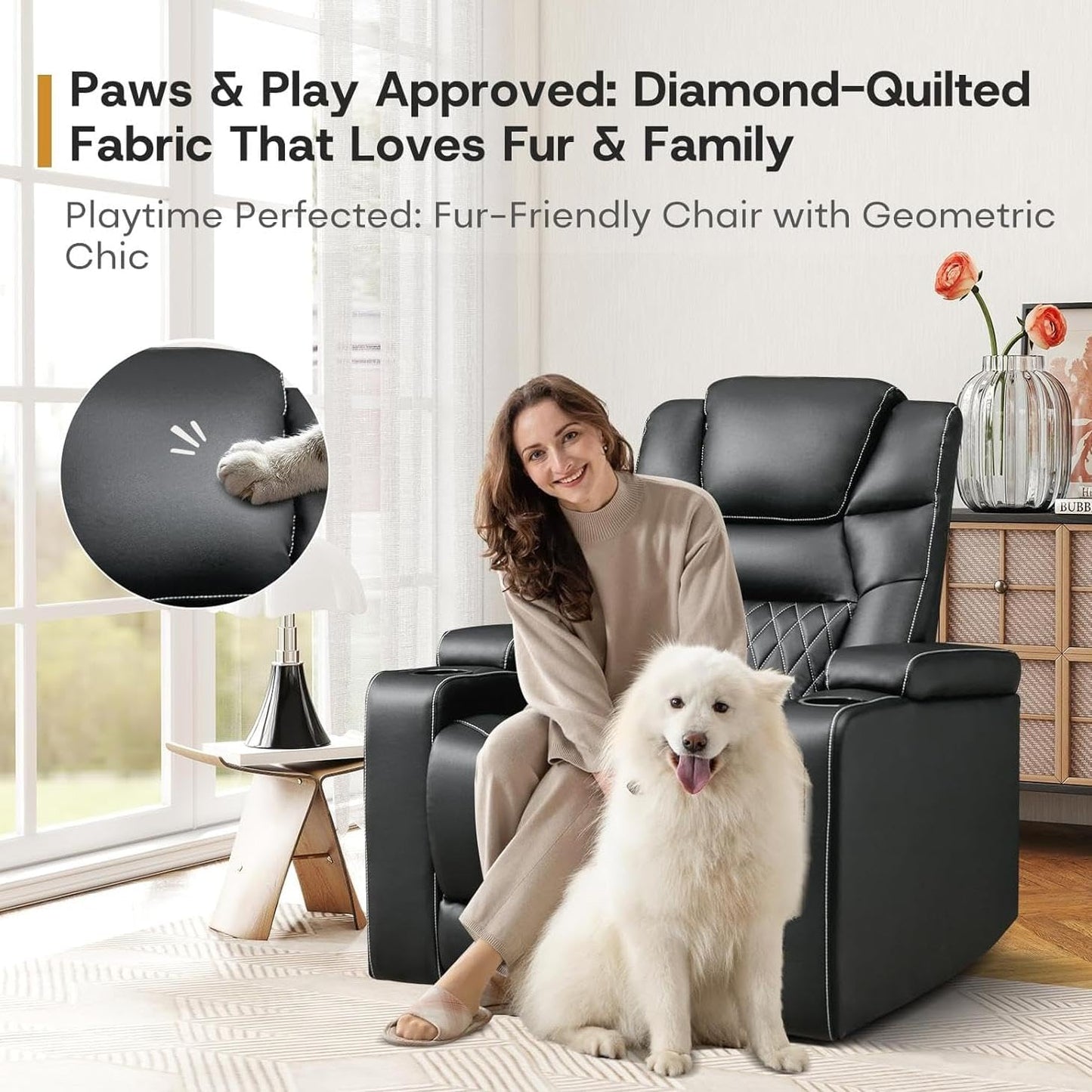 ANJ Power Home Theater Recliner Chair Set of 2, Electric Movie Theater Seating Reclining Chairs with Cup Holders for Living Room, Faux Leather with Blue LED, USB Ports, Hidden Arm Storage (Black)