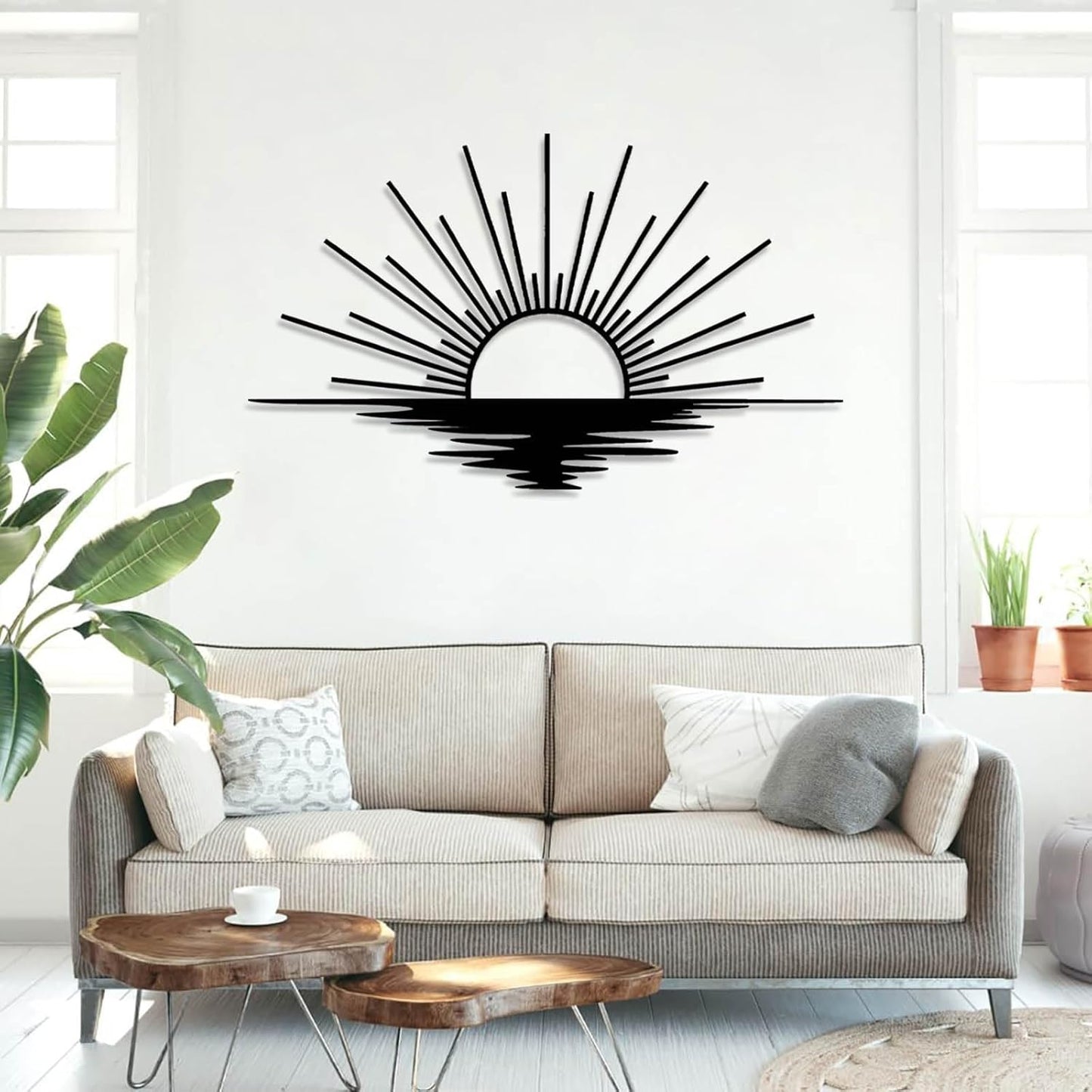 Sunrise Metal Wall Art, Metal Sun Wall Decor, Sun Outdoor Wall Art, Abstract Sunrise Wall Decor, Boho Home Hanging, Living Room Wall Hanging (Silver, 30"x18"/76x45cm)