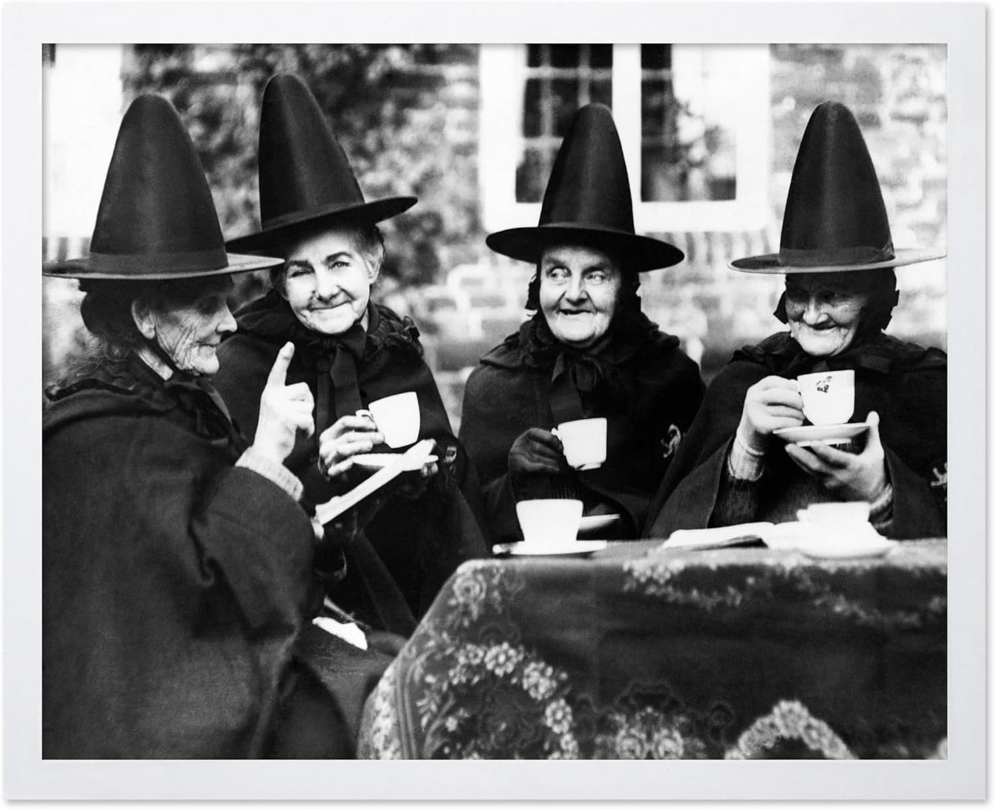 Poster Master Classic Photograph Poster - Vintage Halloween Print - Gift for Artist, Friend - Witches Tea Party, Old Women Smiling, Wearing Robes - Wall Decor for Living Room, 8x10 White Framed