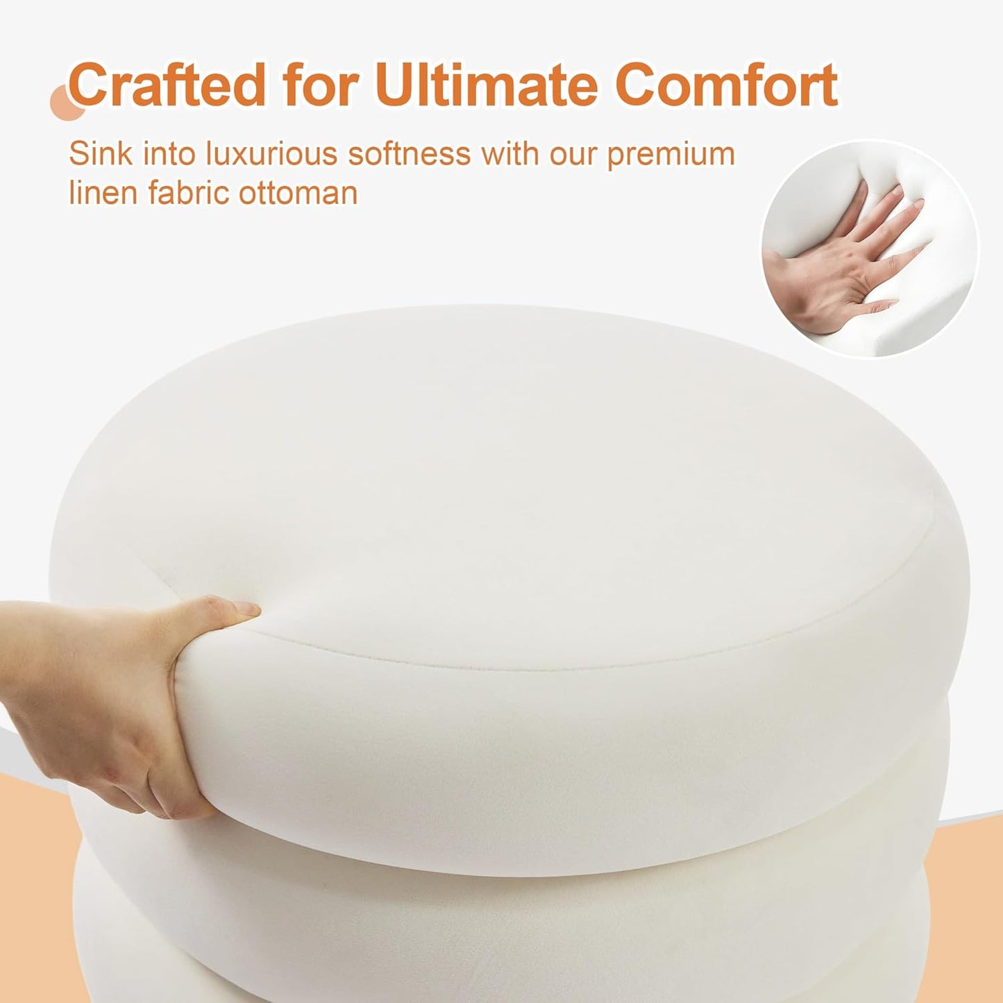 ONEVOG Round Storage Ottoman, 20" Small Ottomans Table with Removable Lid, Velvet Fabric Soft Footrest Stool for Couch, Upholstered Stuffed Circle Seat for Living Room/Bedroom/Dorm/Vanity, Lvory White