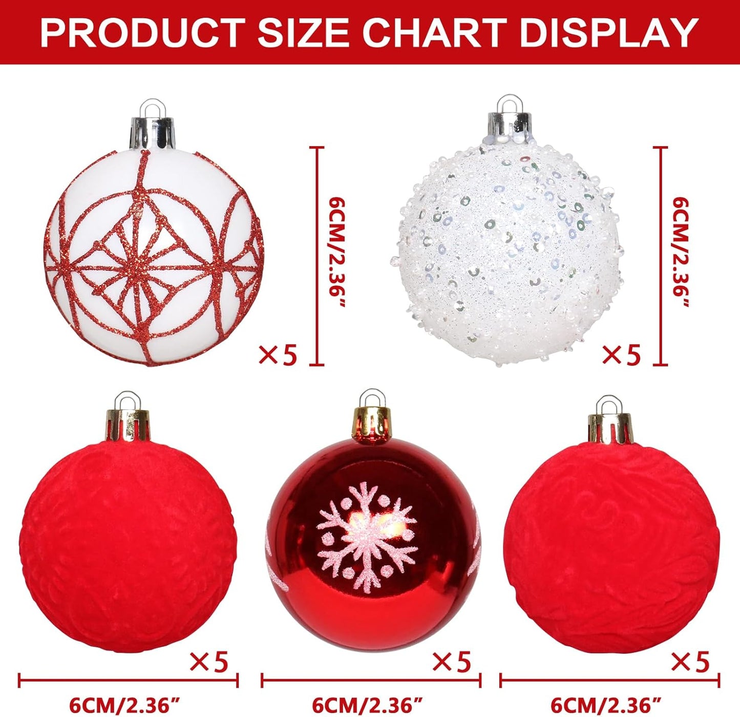 2.36In Velvet Christmas Ball Ornaments, 25PCS Red/White Flocked Christmas Tree Hanging Decorations, for Home Holiday Wedding Indoor Xmas Party Decor.