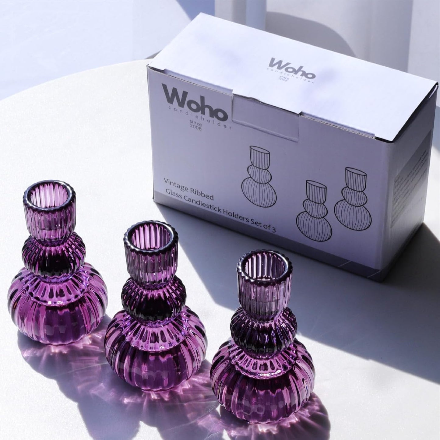 Woho Set of 6 Purple Taper Candle Holders 4.3" H for Halloween Decorations, Vintage Ribbed Glass Candlestick Holders for Wedding Table Centerpiece, Candle Sticks Holder Decor for Holiday Home Decor