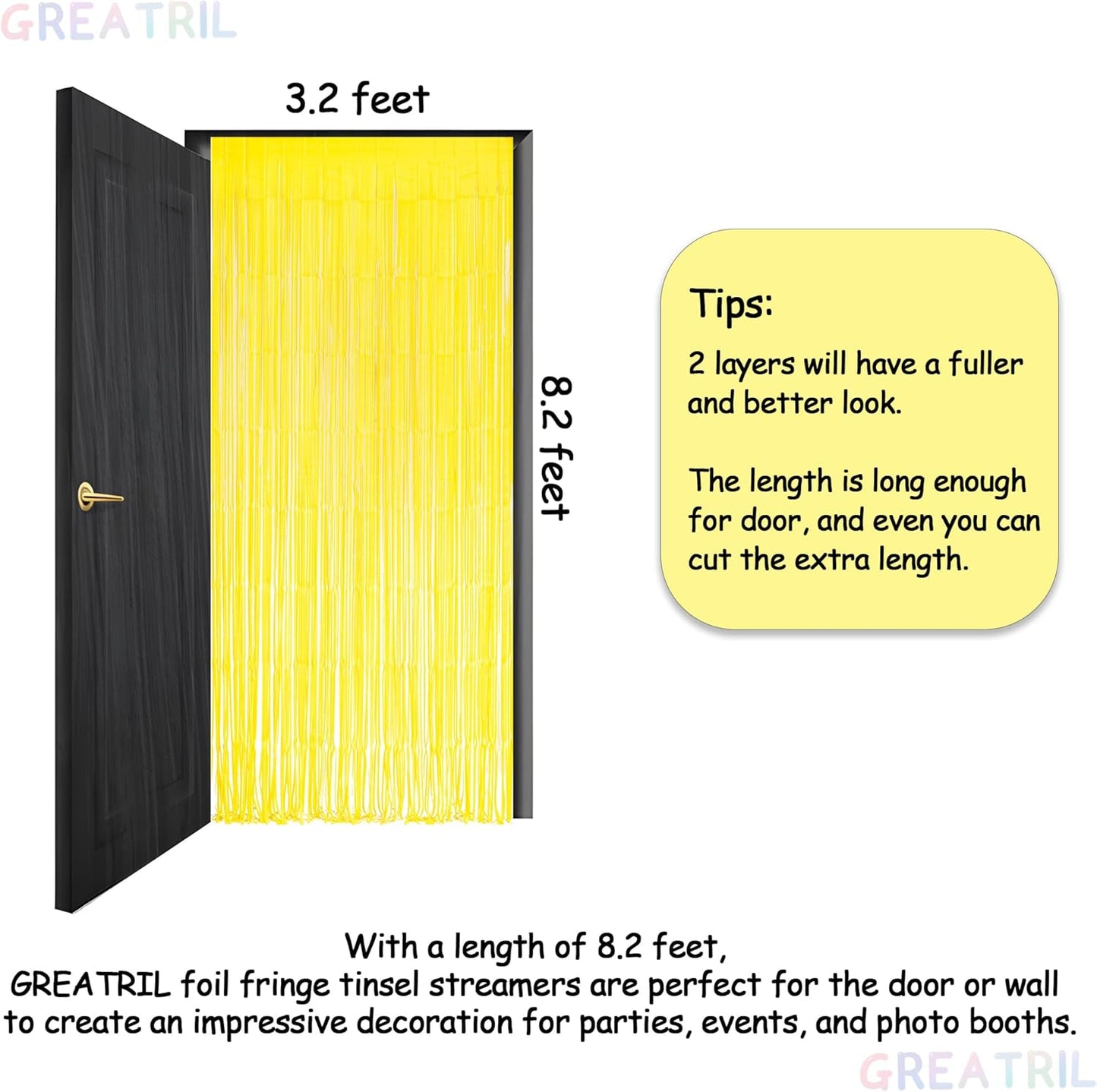 Yellow Streamers Party Backdrop - GREATRIL Foil Fringe for Pineapple/Lemon/Truck/Race Birthdays Party Decoration - 3.2ft X 8.2ft - 2 Packs
