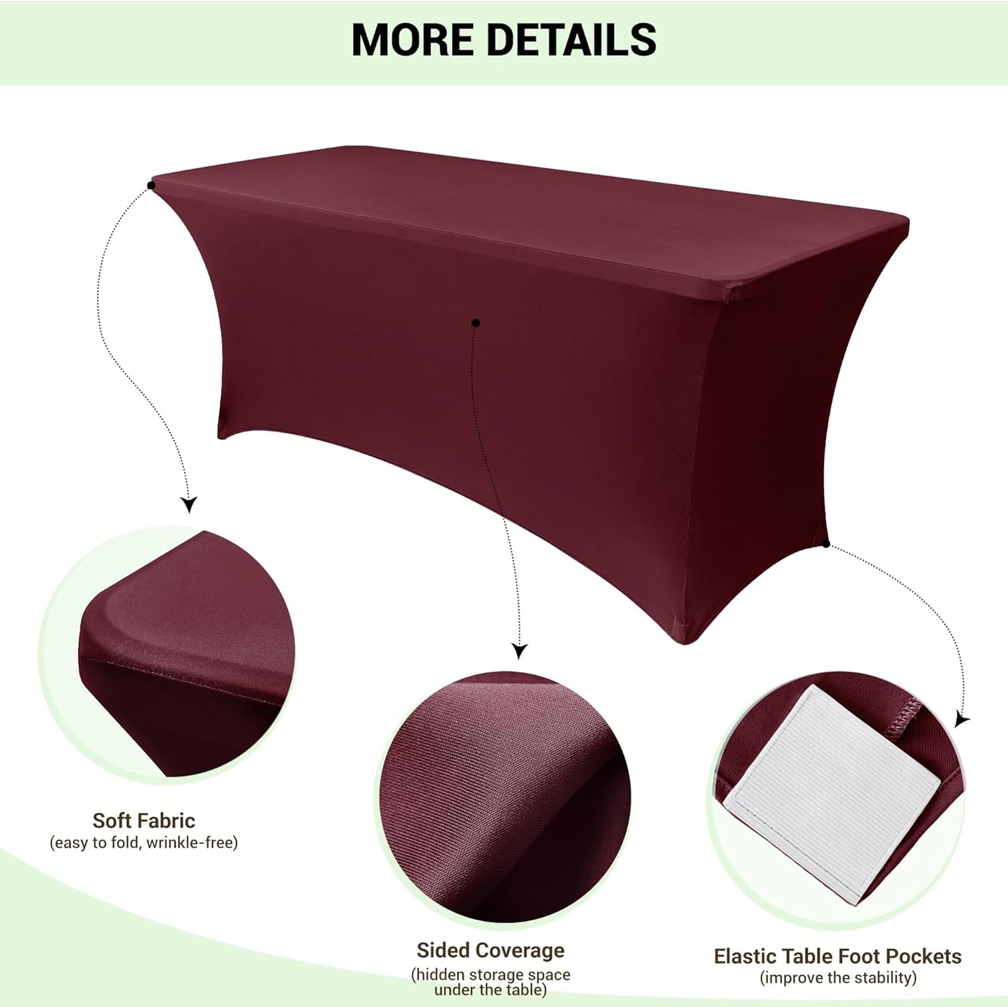 Obstal 6ft Stretch Spandex Table Cover for Standard Folding Tables - Universal Rectangular Fitted Tablecloth Protector for Wedding, Banquet and Party, 72L x 30W x 30H Inches, Wine Red, 2pc